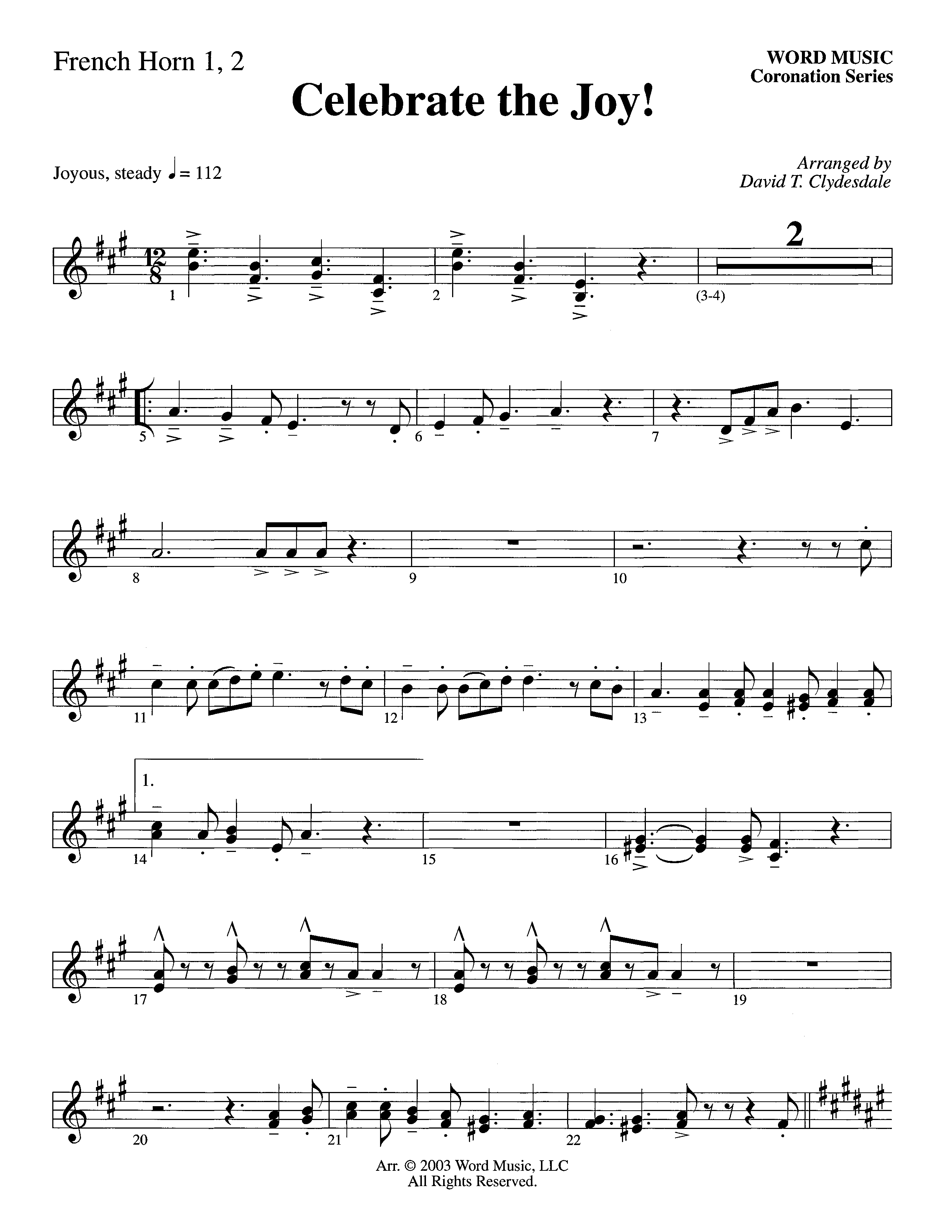 Celebrate The Joy (Instrumental) French Horn 1/2 (Word Music Choral / Arr. David Clydesdale)