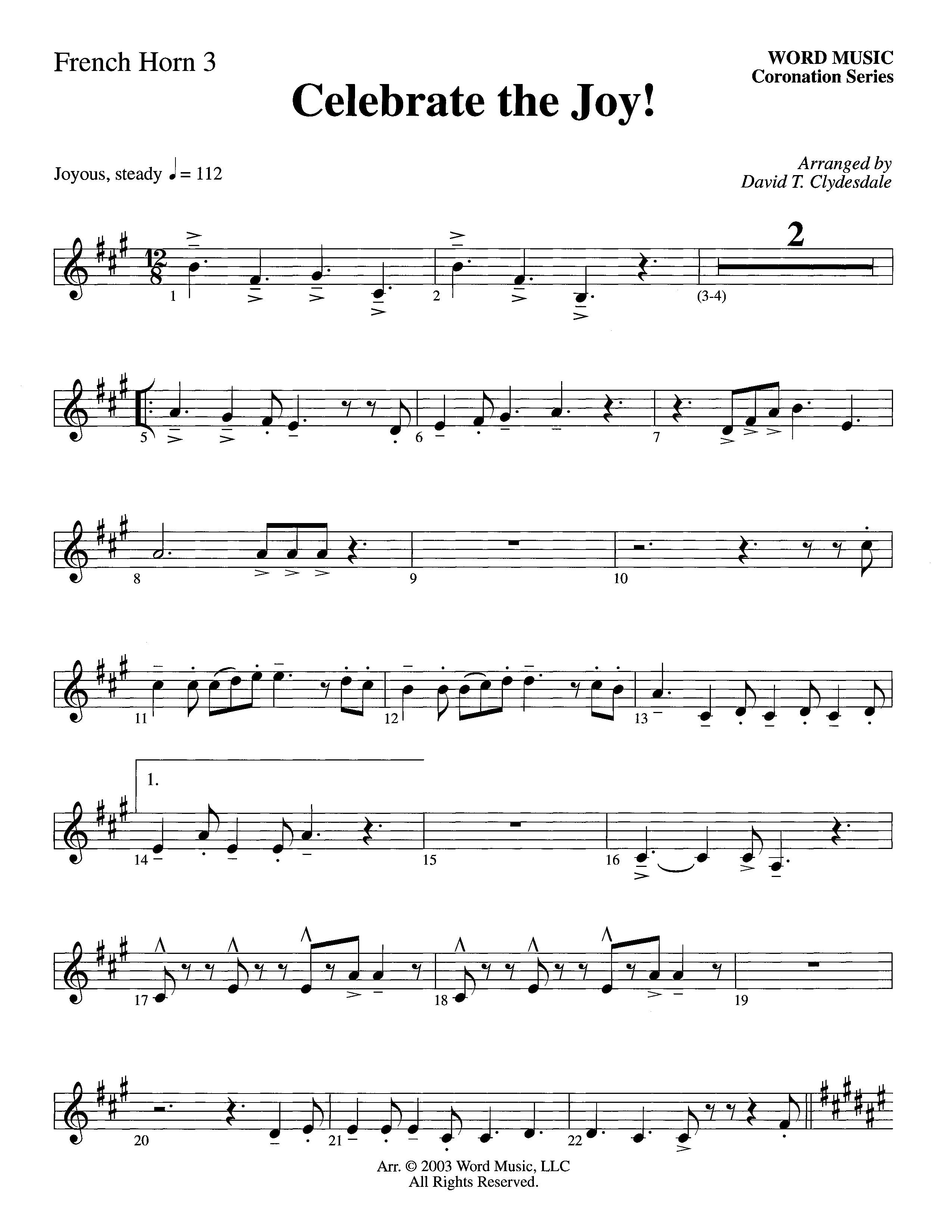 Celebrate The Joy (Instrumental) French Horn 3 (Word Music Choral / Arr. David Clydesdale)