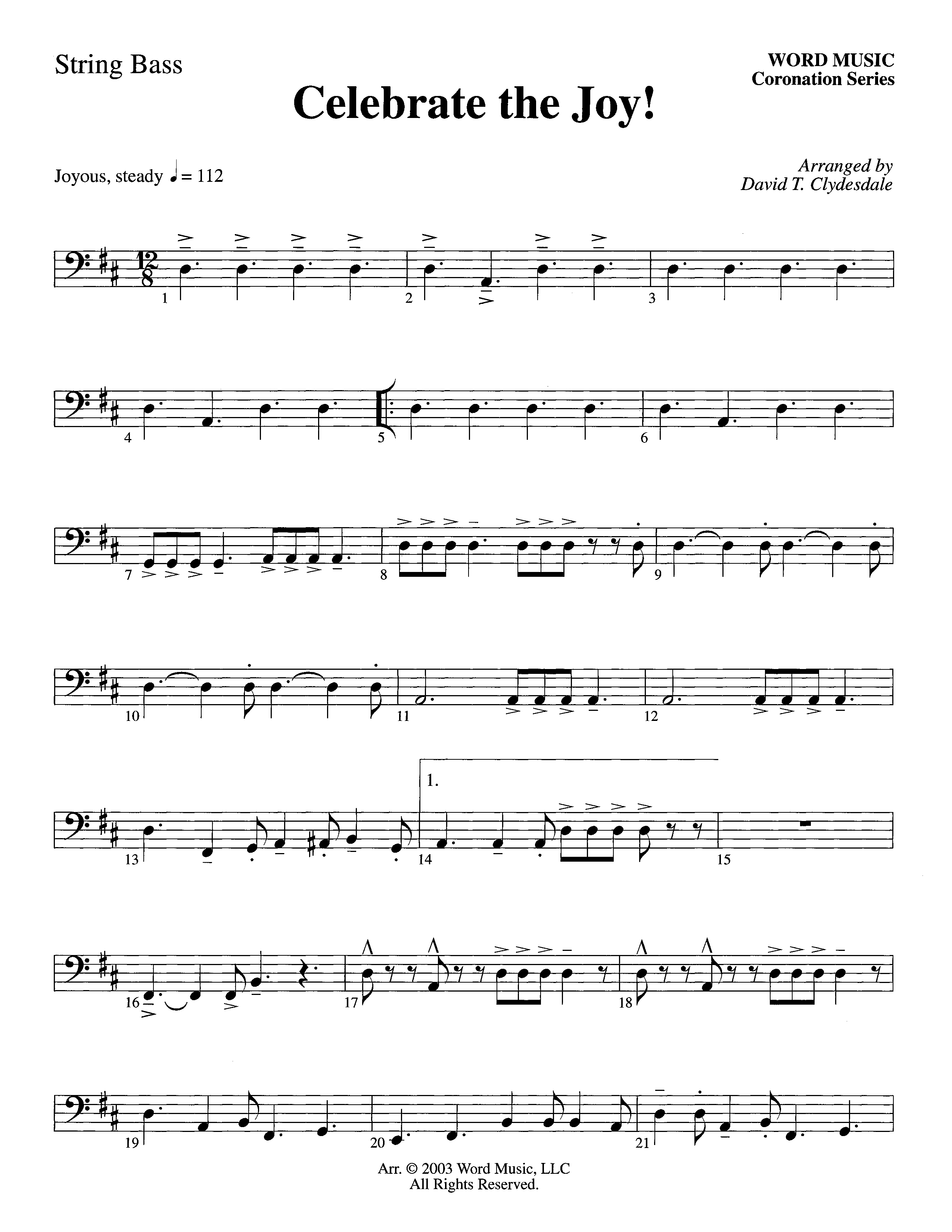 Celebrate The Joy (Instrumental) String Bass (Word Music Choral / Arr. David Clydesdale)