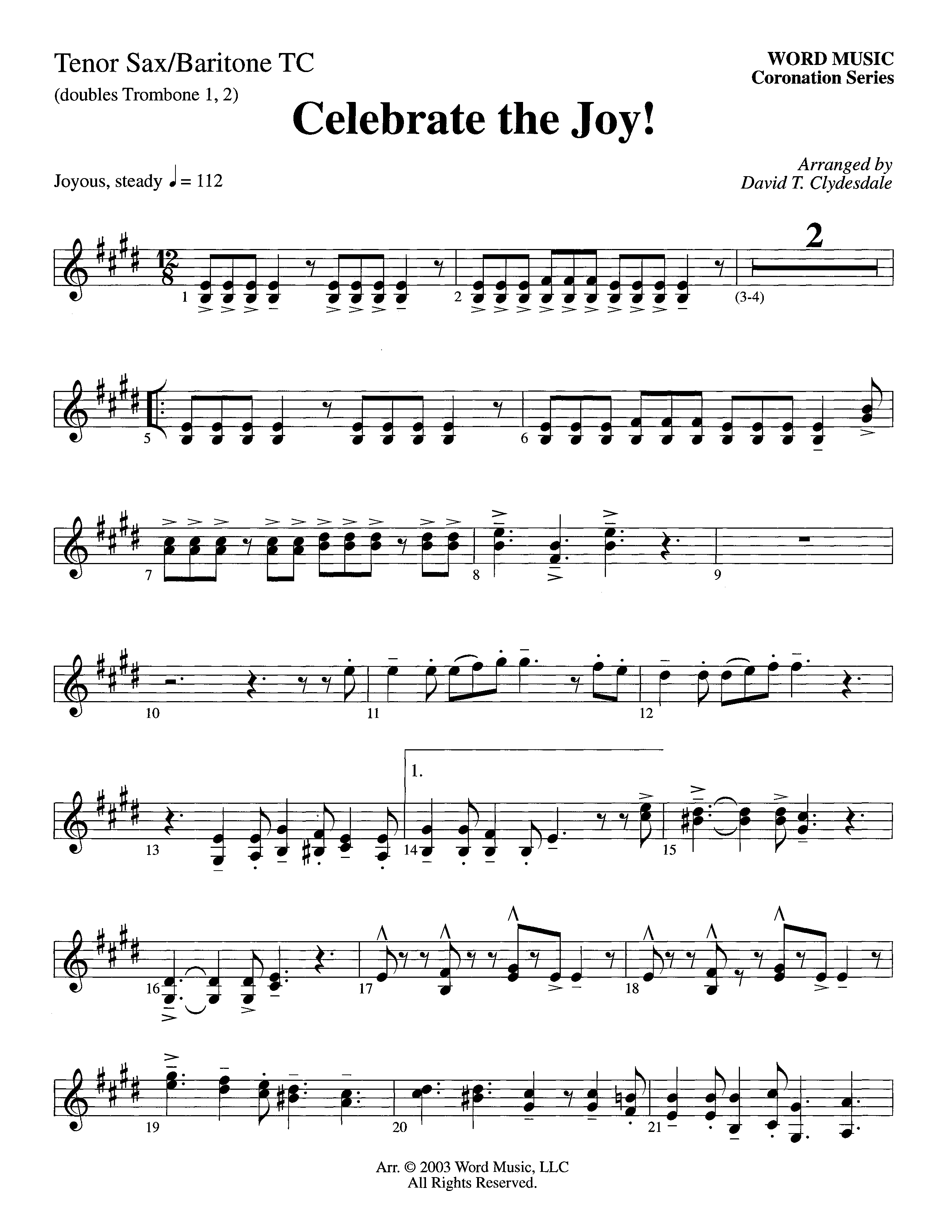 Celebrate The Joy (Instrumental) Tenor Sax/Baritone T.C. (Word Music Choral / Arr. David Clydesdale)