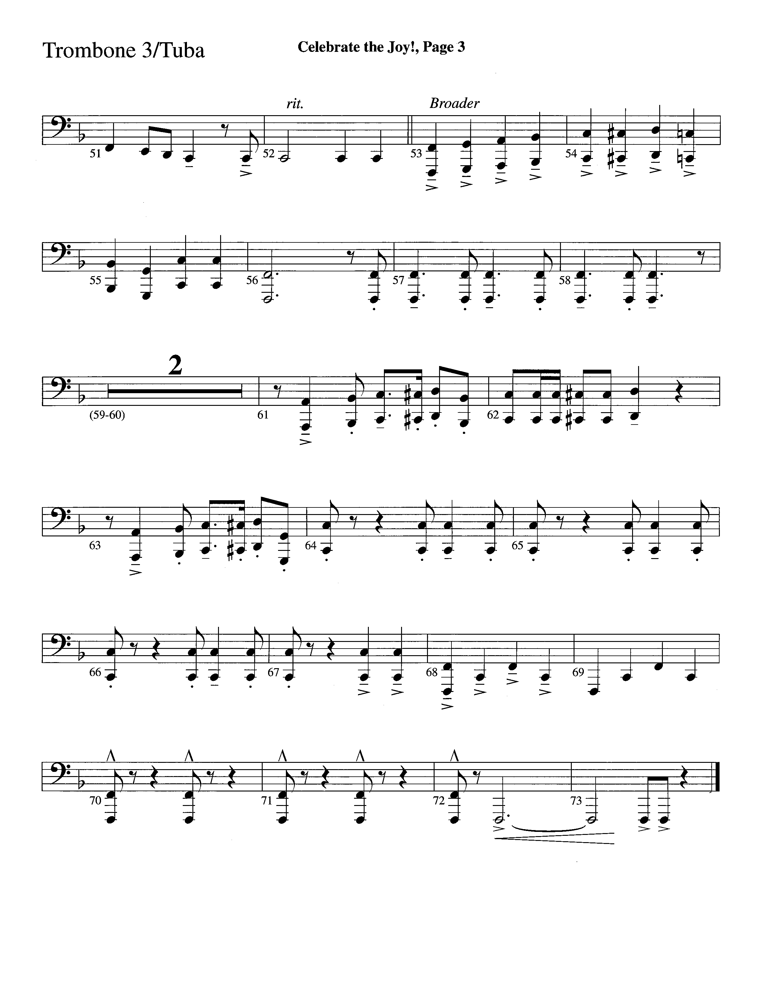 Celebrate The Joy (Instrumental) Trombone 3/Tuba (Word Music Choral / Arr. David Clydesdale)