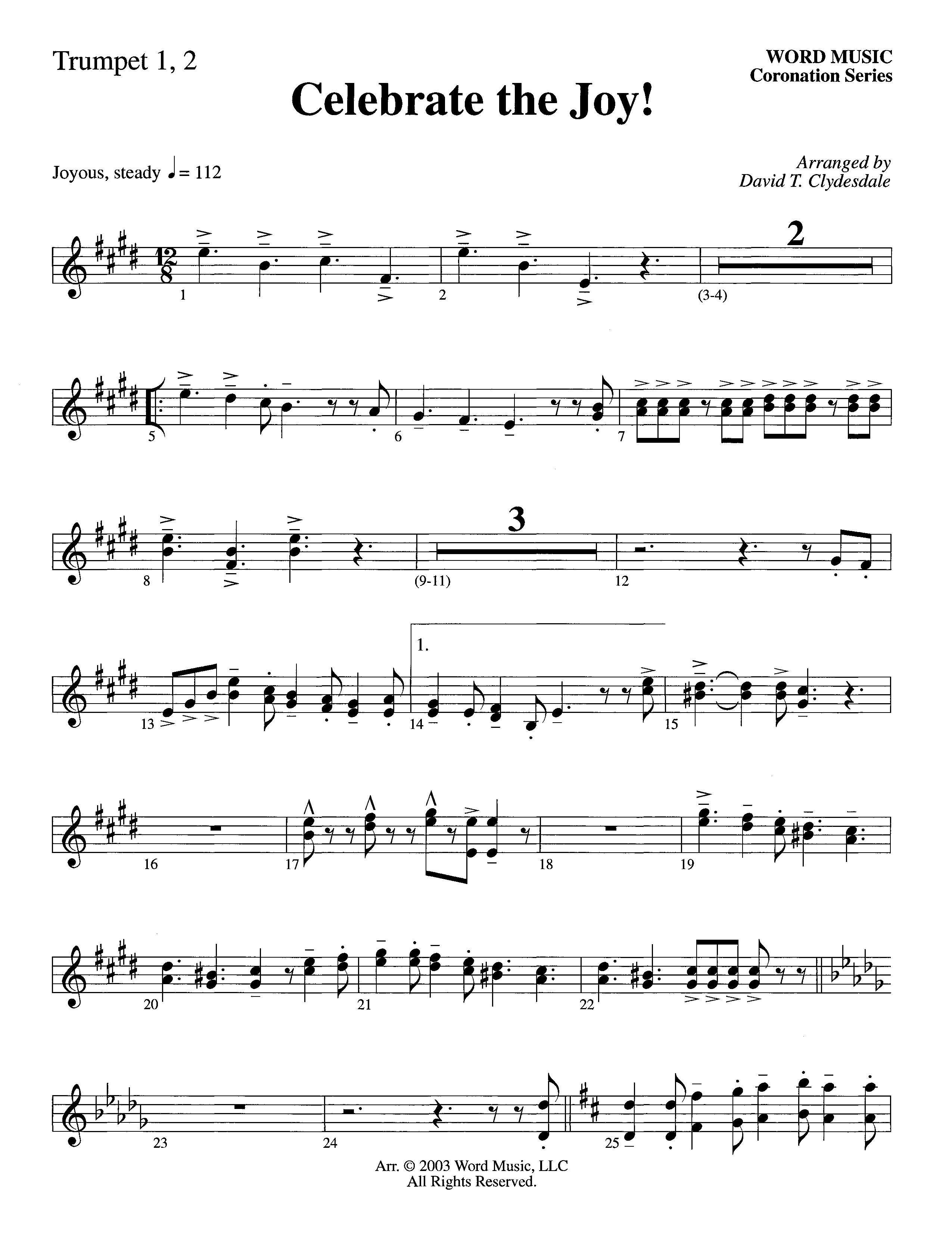 Celebrate The Joy (Instrumental) Trumpet 1,2 (Word Music Choral / Arr. David Clydesdale)