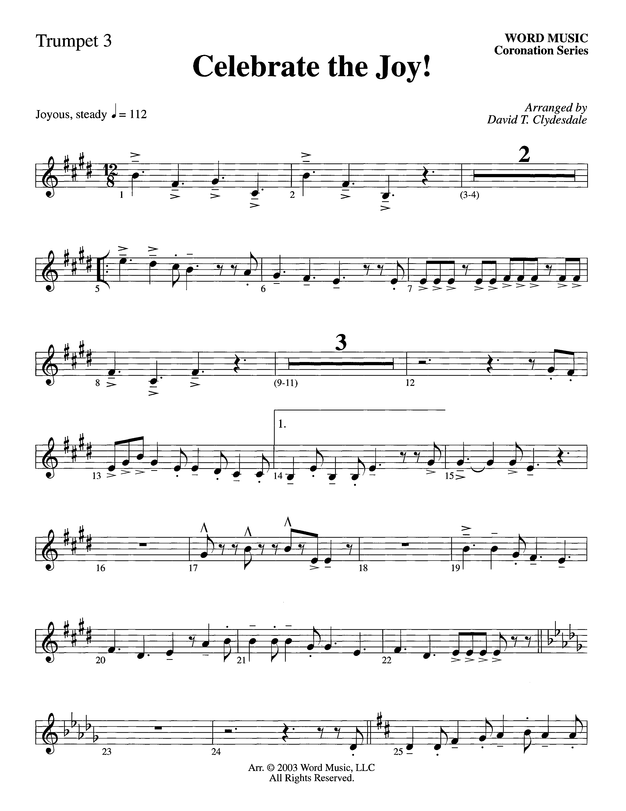 Celebrate The Joy (Instrumental) Trumpet 3 (Word Music Choral / Arr. David Clydesdale)