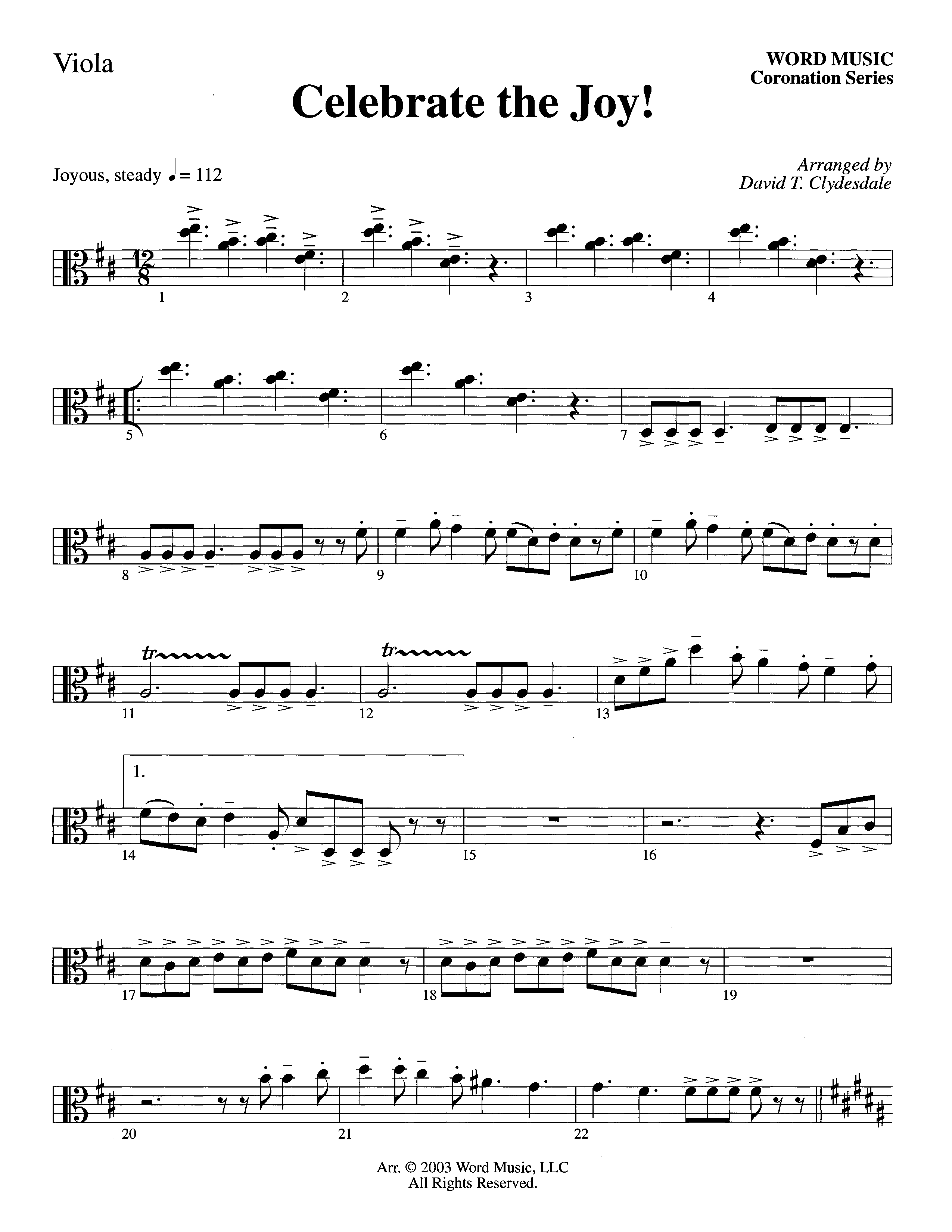 Celebrate The Joy (Instrumental) Viola (Word Music Choral / Arr. David Clydesdale)