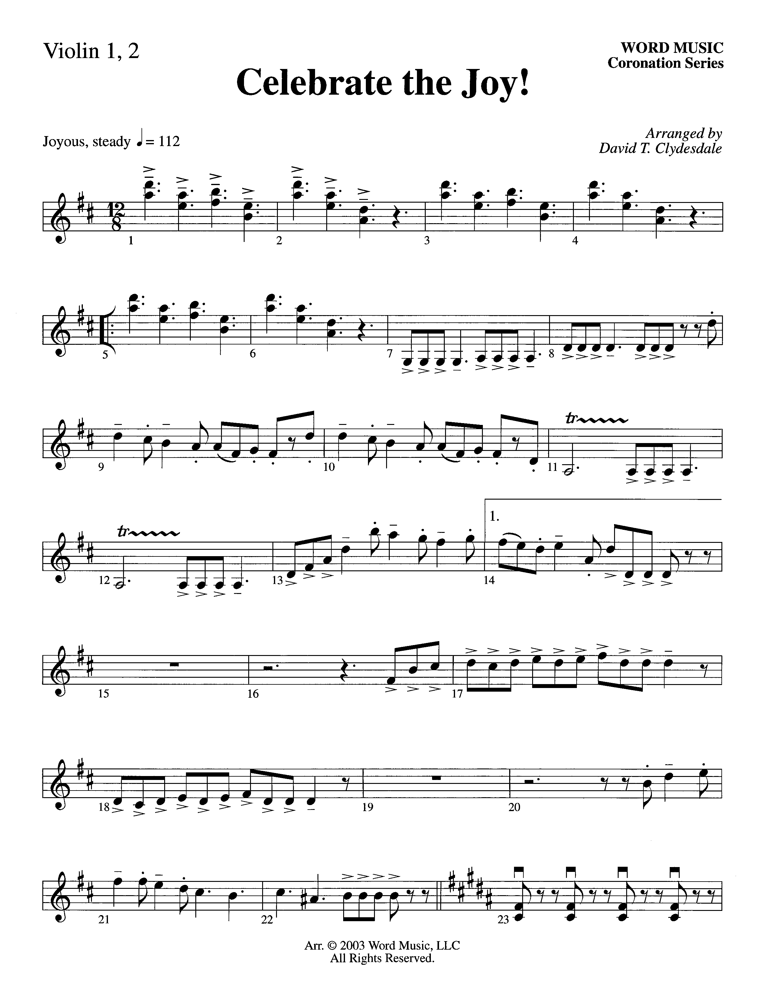 Celebrate The Joy (Instrumental) Violin 1/2 (Word Music Choral / Arr. David Clydesdale)