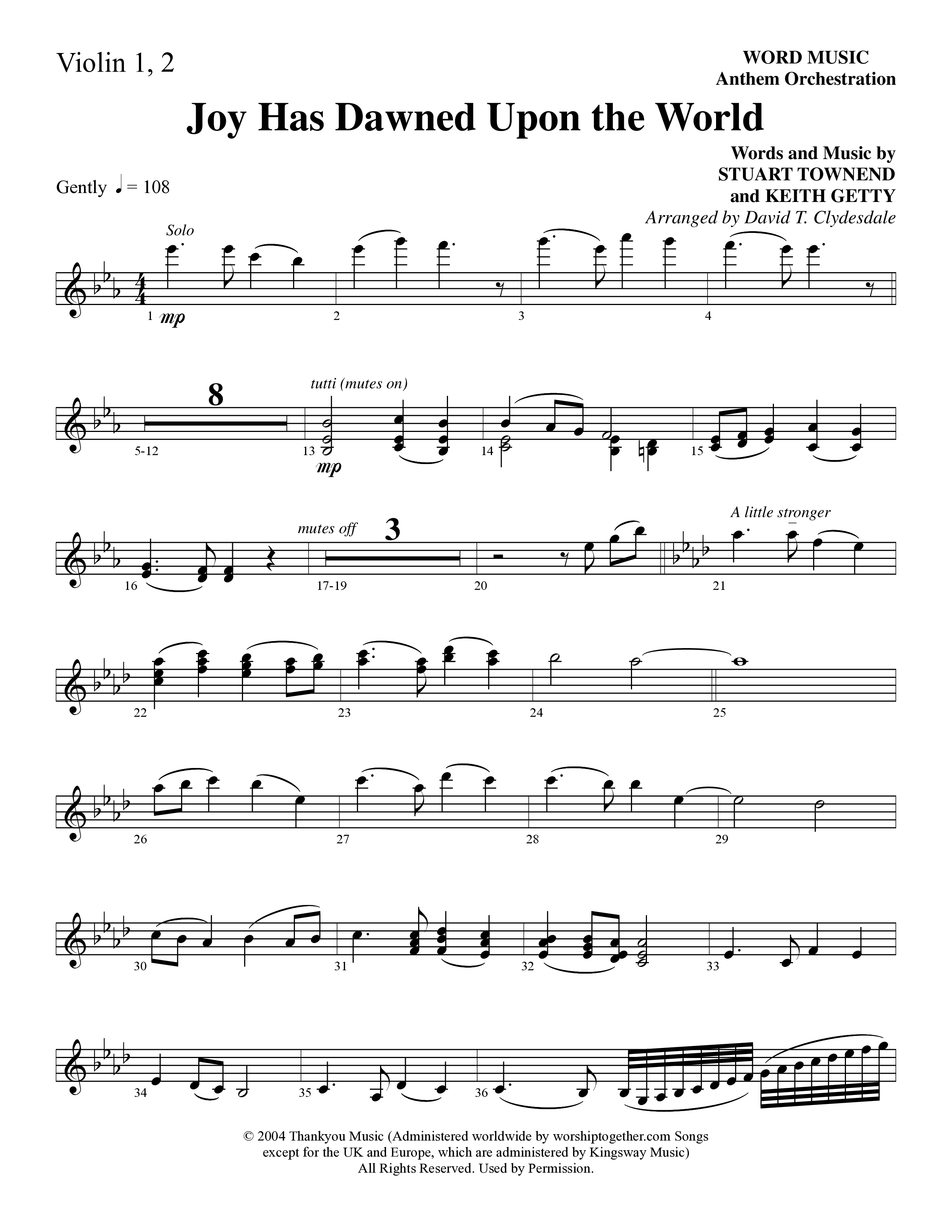 Joy Has Dawned Upon The World Violin 1/2 (Word Music Choral / Arr. David Clydesdale)