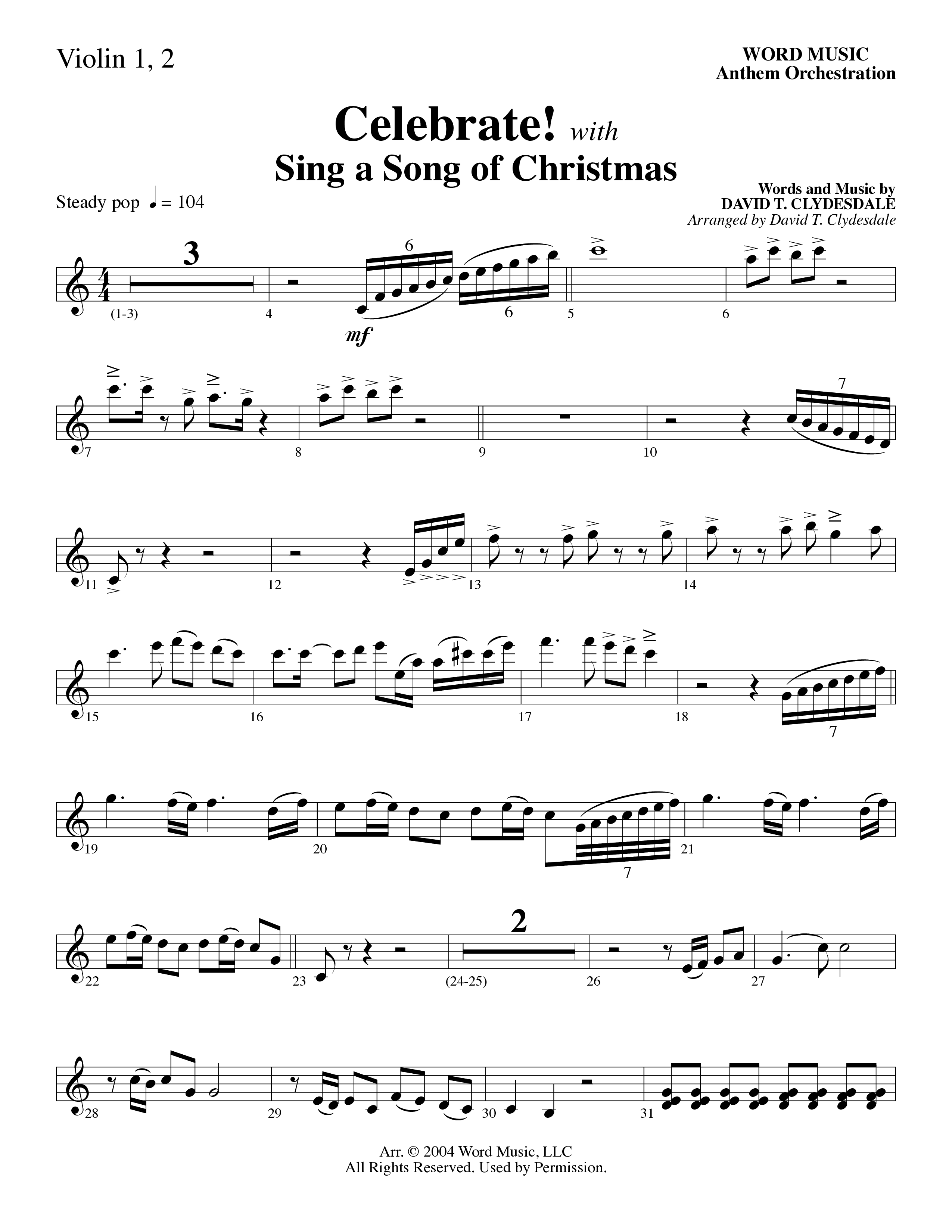 Celebrate (with Sing A Song Of Christmas) (Choral Anthem SATB) Violin 1/2 (Word Music Choral / Arr. David Clydesdale)