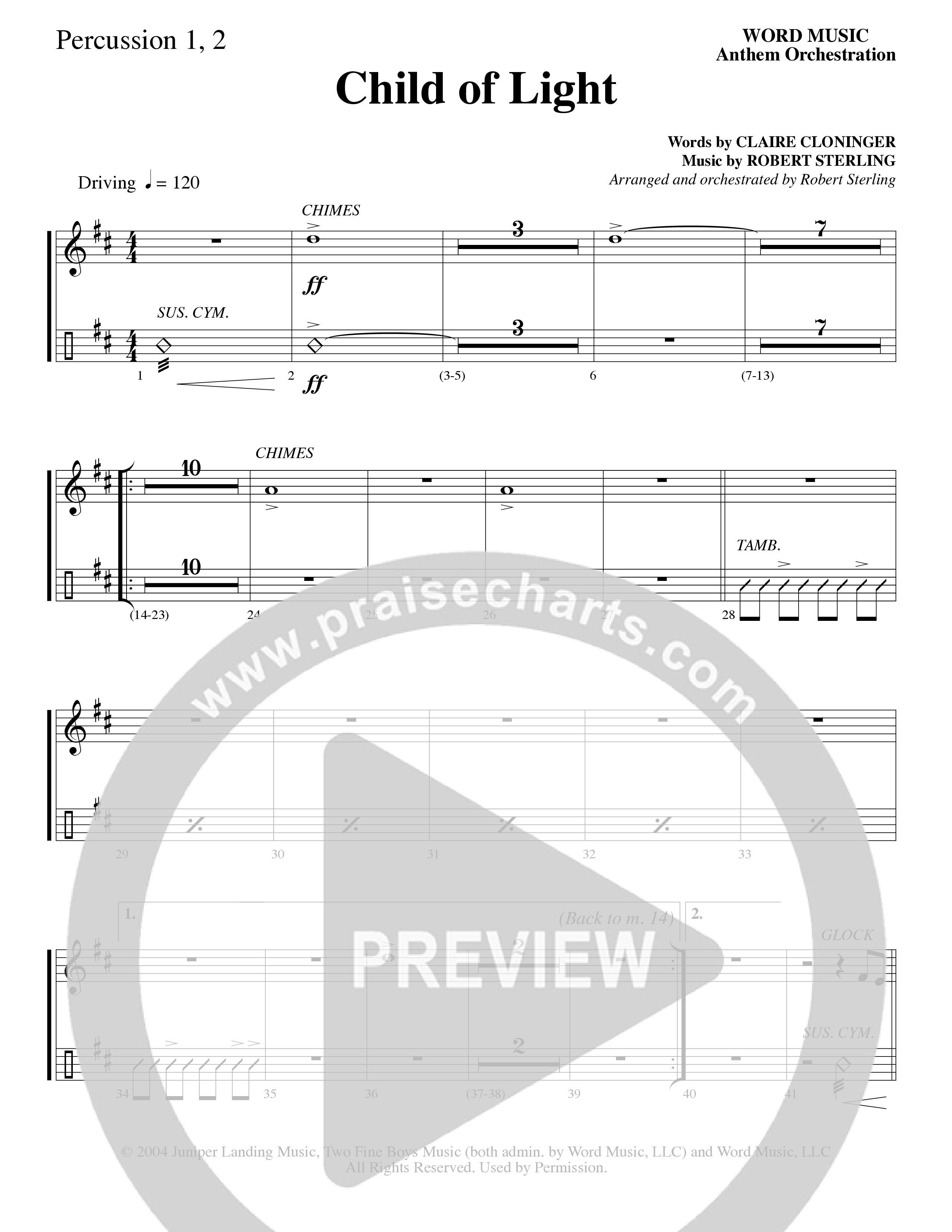 Child Of Light (Choral Anthem SATB) Percussion 1/2 (Word Music Choral / Arr. Robert Sterling)
