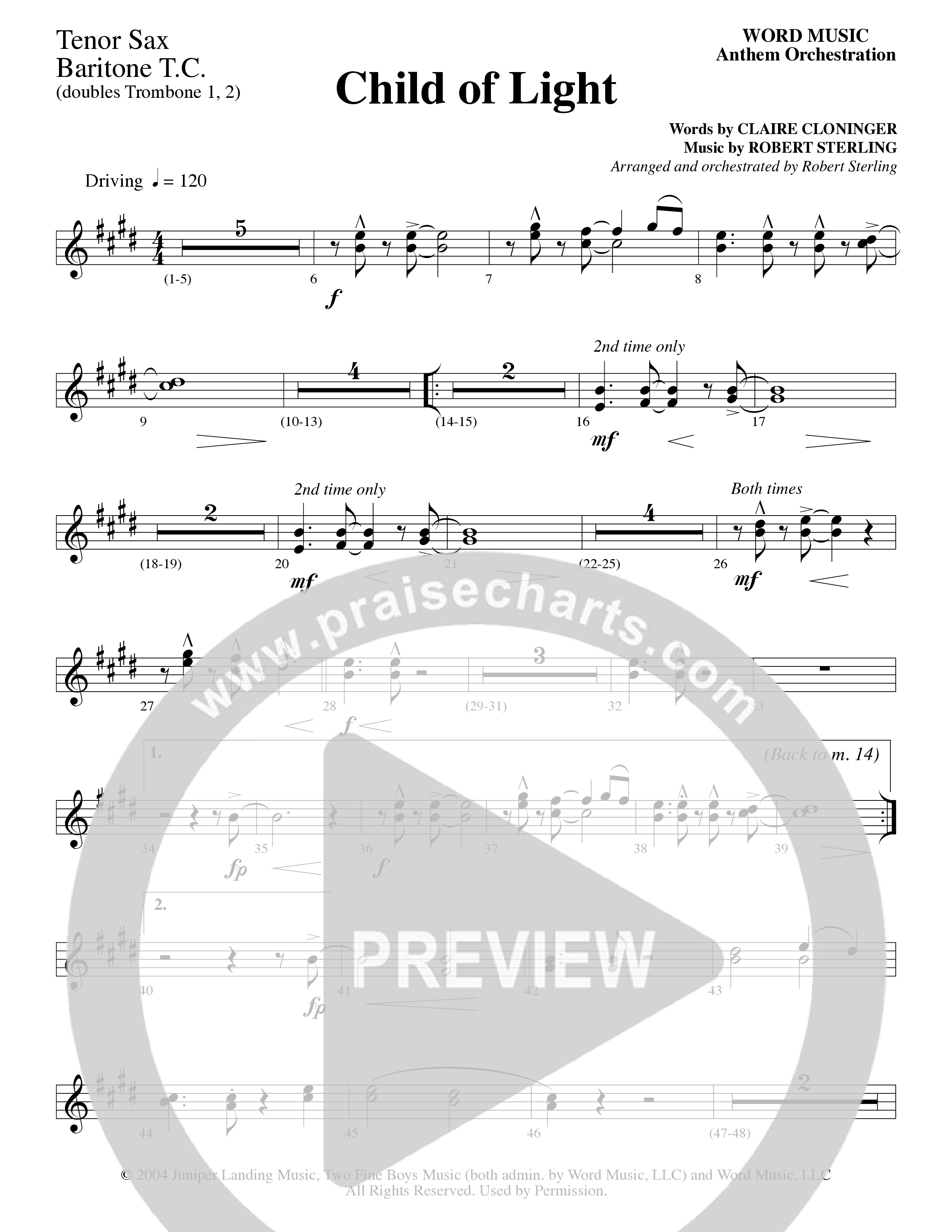Child Of Light (Choral Anthem SATB) Tenor Sax/Baritone T.C. (Word Music Choral / Arr. Robert Sterling)