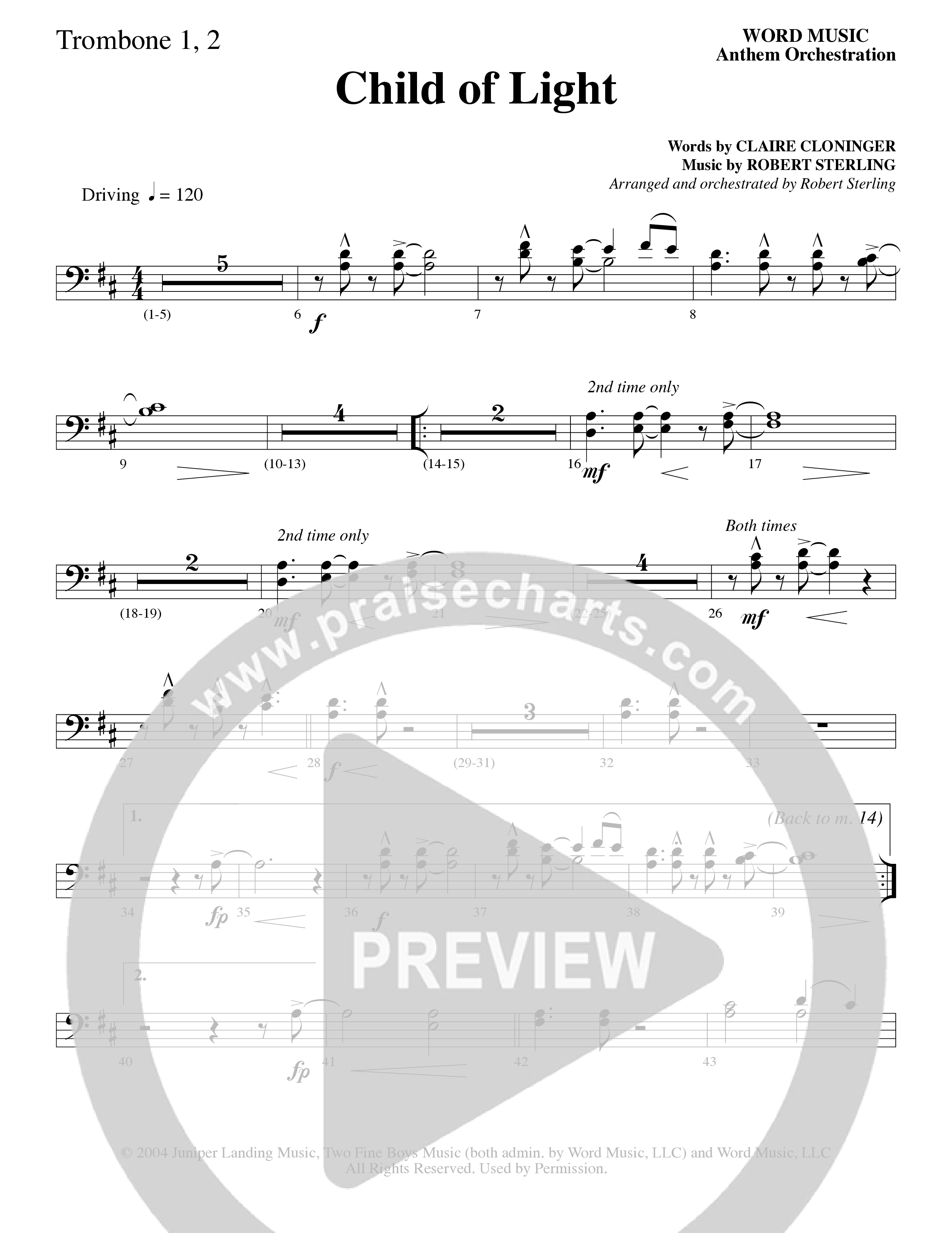Child Of Light (Choral Anthem SATB) Trombone 1/2 (Word Music Choral / Arr. Robert Sterling)