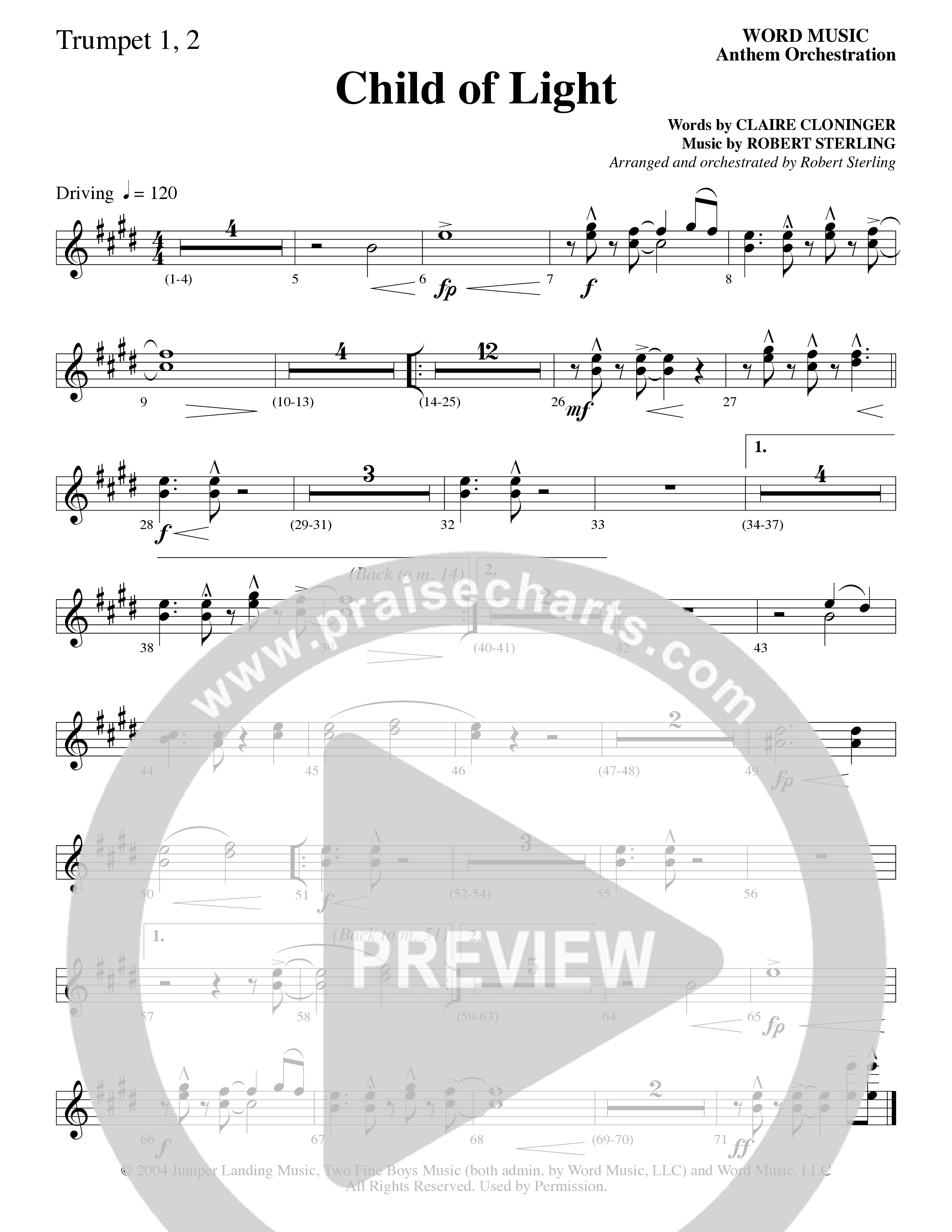 Child Of Light (Choral Anthem SATB) Trumpet 1,2 (Word Music Choral / Arr. Robert Sterling)