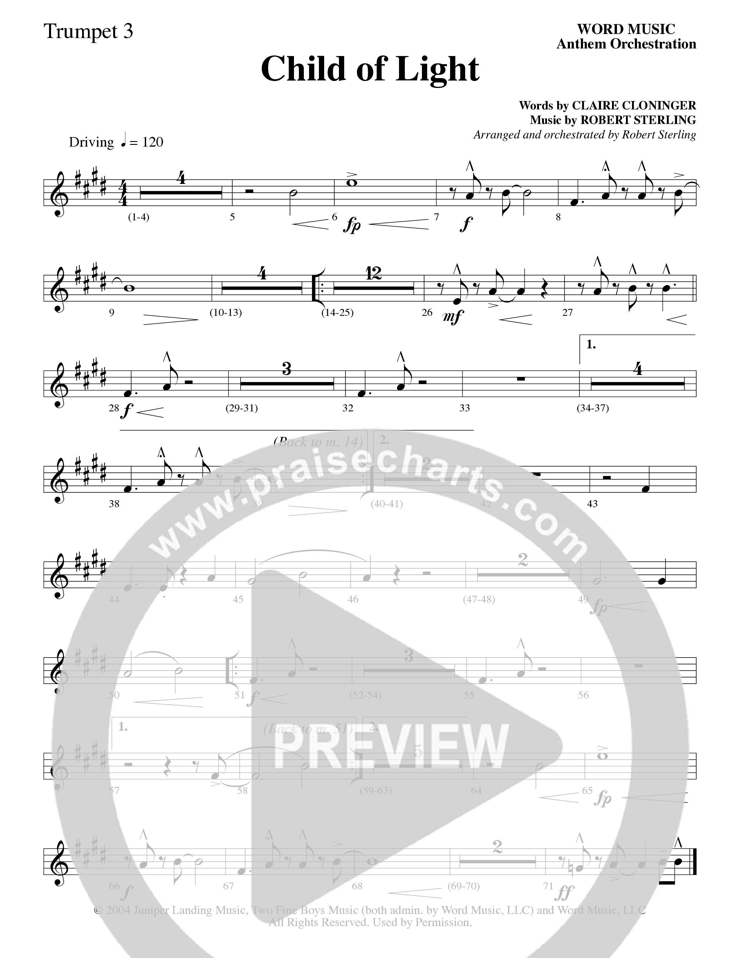 Child Of Light (Choral Anthem SATB) Trumpet 3 (Word Music Choral / Arr. Robert Sterling)