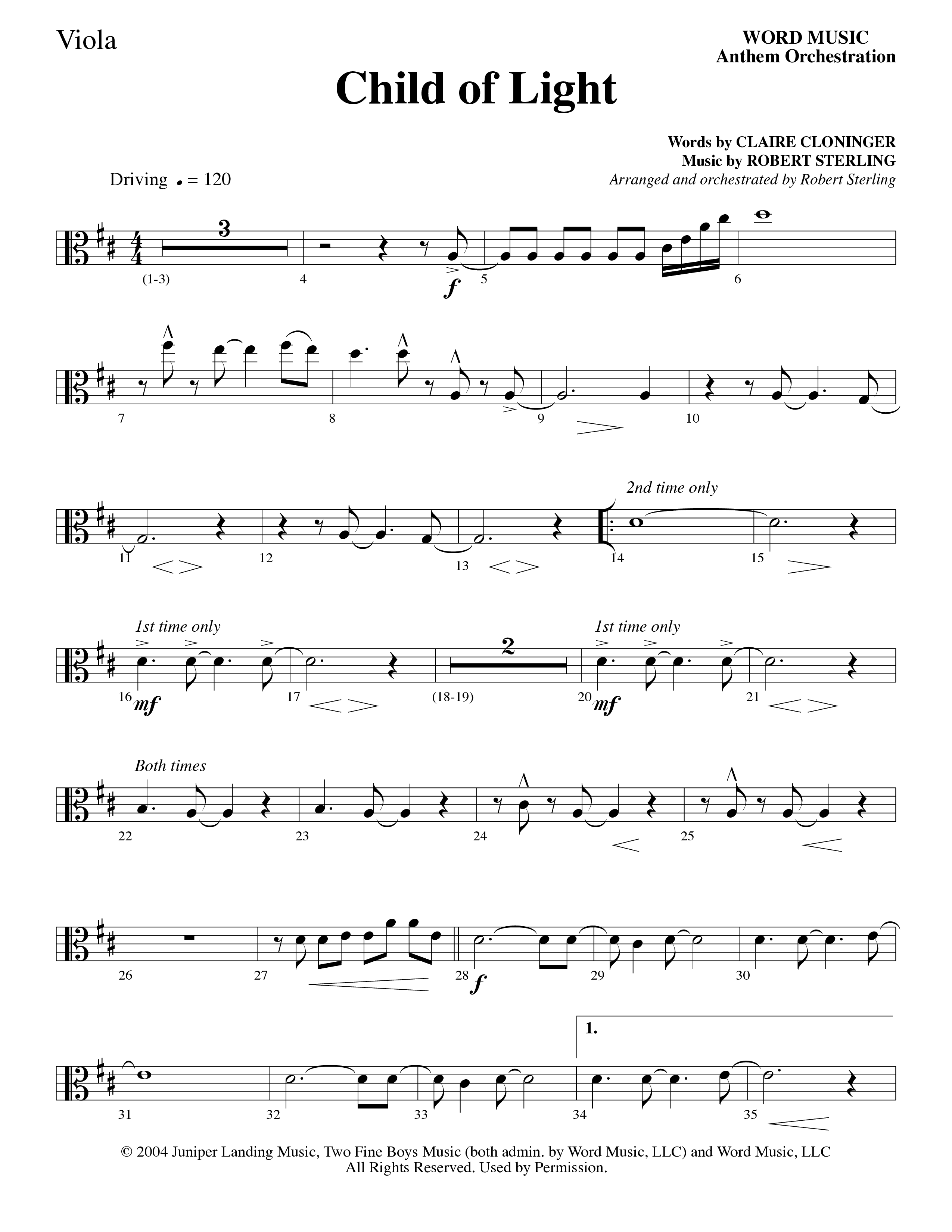 Child Of Light (Choral Anthem SATB) Viola (Word Music Choral / Arr. Robert Sterling)