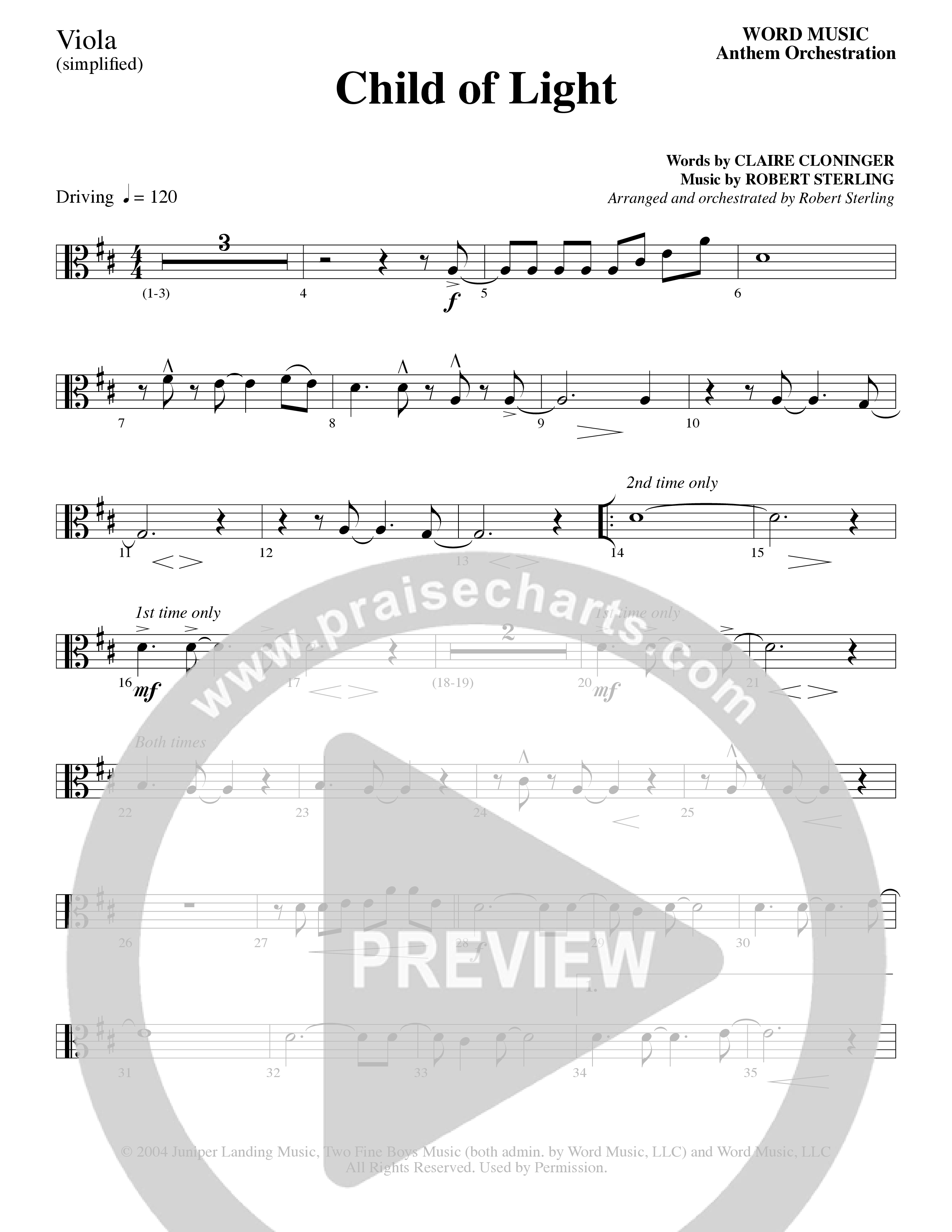 Child Of Light (Choral Anthem SATB) Viola (Word Music Choral / Arr. Robert Sterling)