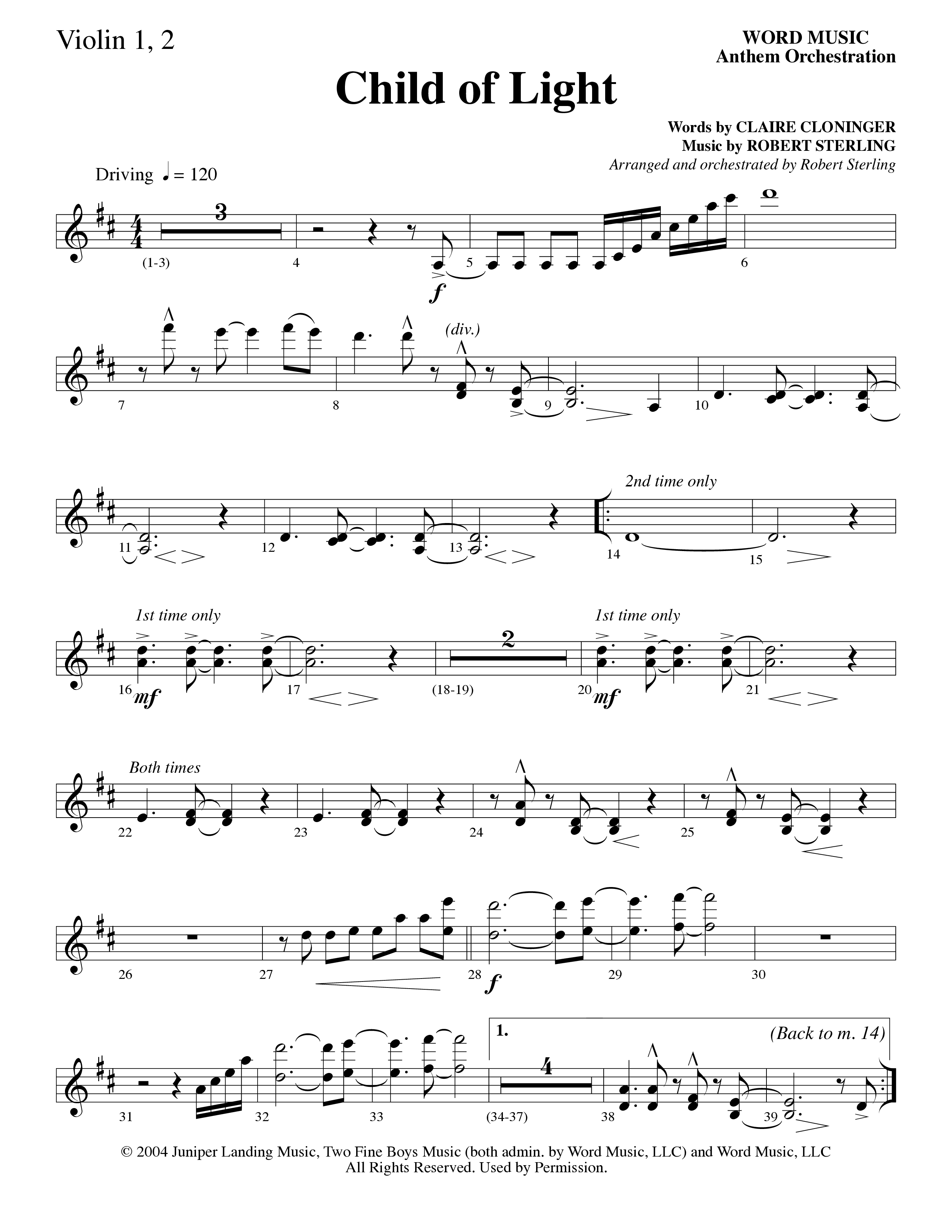 Child Of Light (Choral Anthem SATB) Violin 1/2 (Word Music Choral / Arr. Robert Sterling)