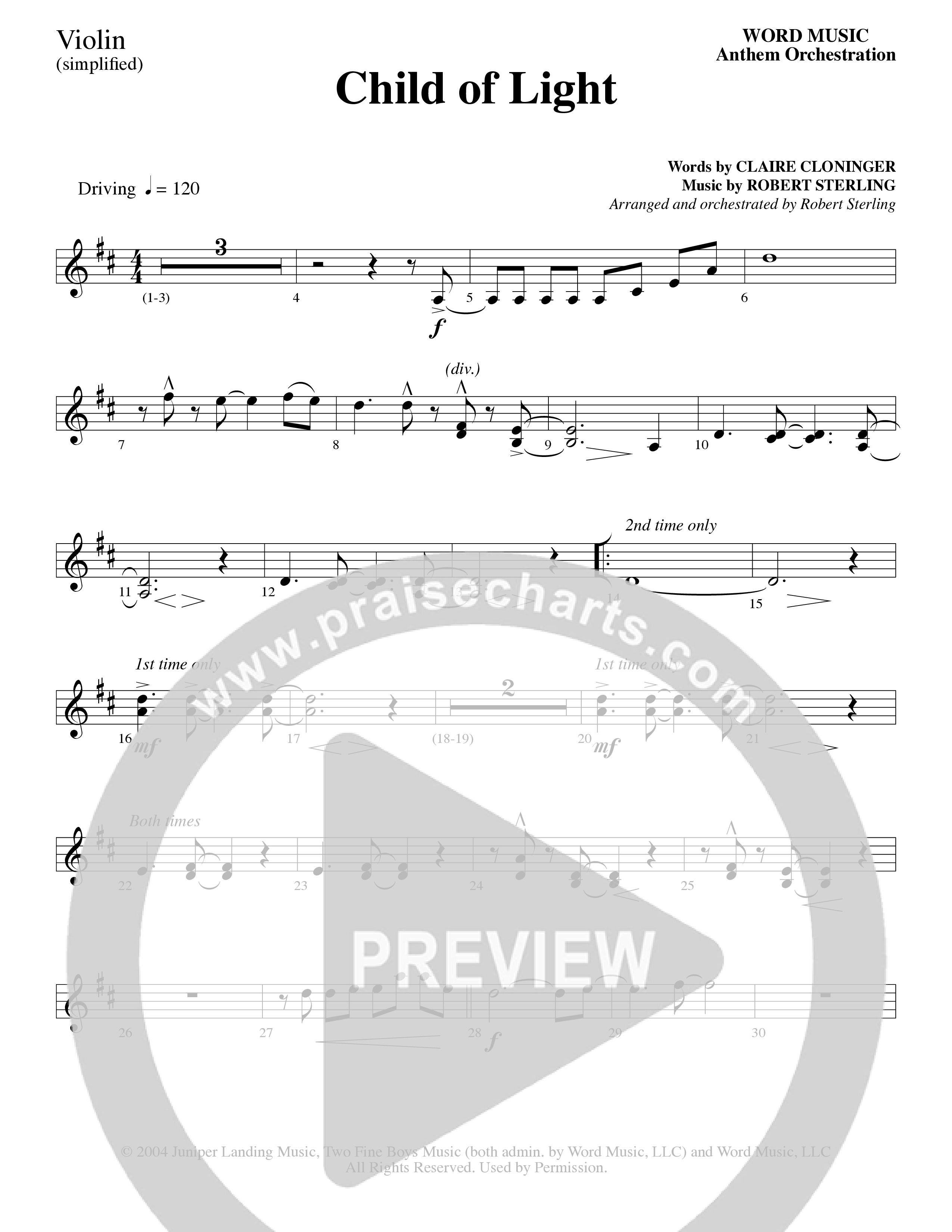 Child Of Light (Choral Anthem SATB) Violin 1/2 (Word Music Choral / Arr. Robert Sterling)
