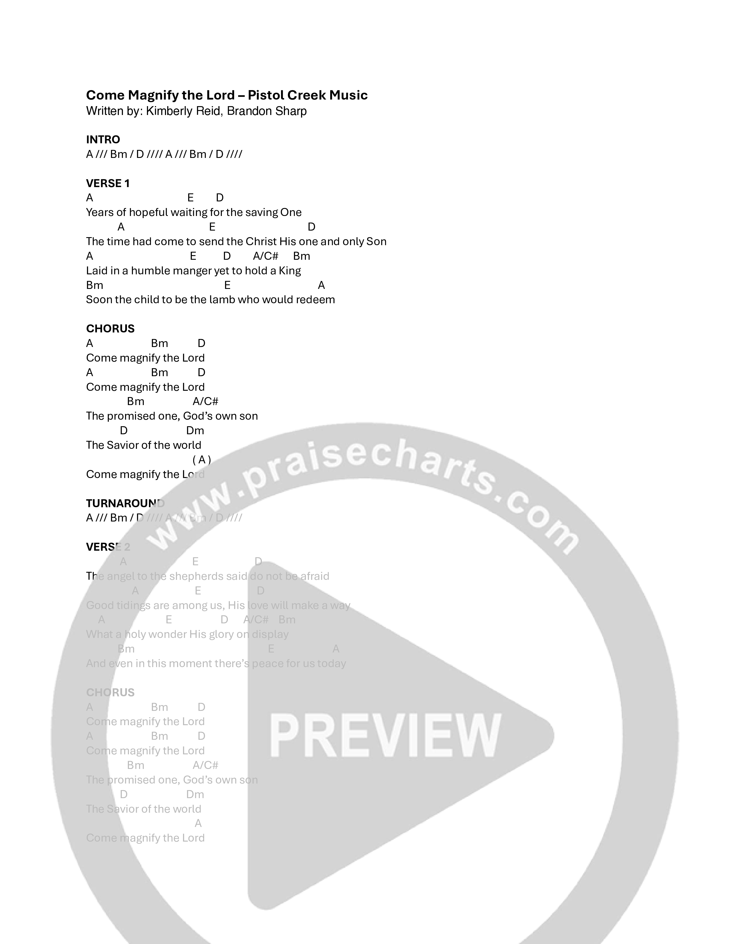 Come Magnify The Lord Chord Chart (Pistol Creek Music)