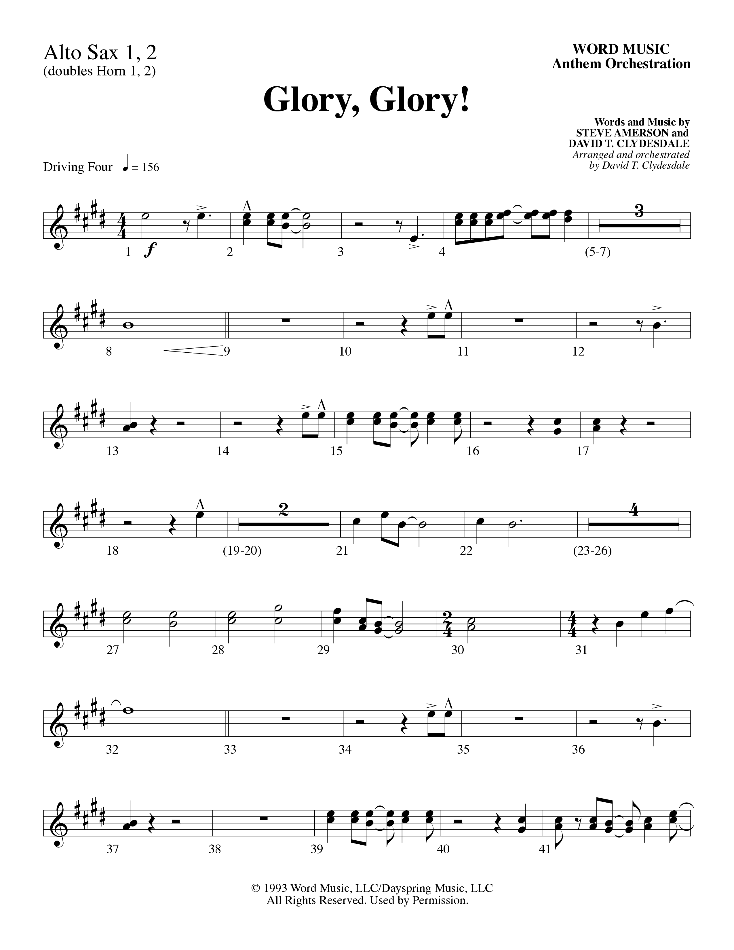 Glory Glory (Choral Anthem SATB) Alto Sax 1/2 (Word Music Choral / Arr. David Clydesdale)