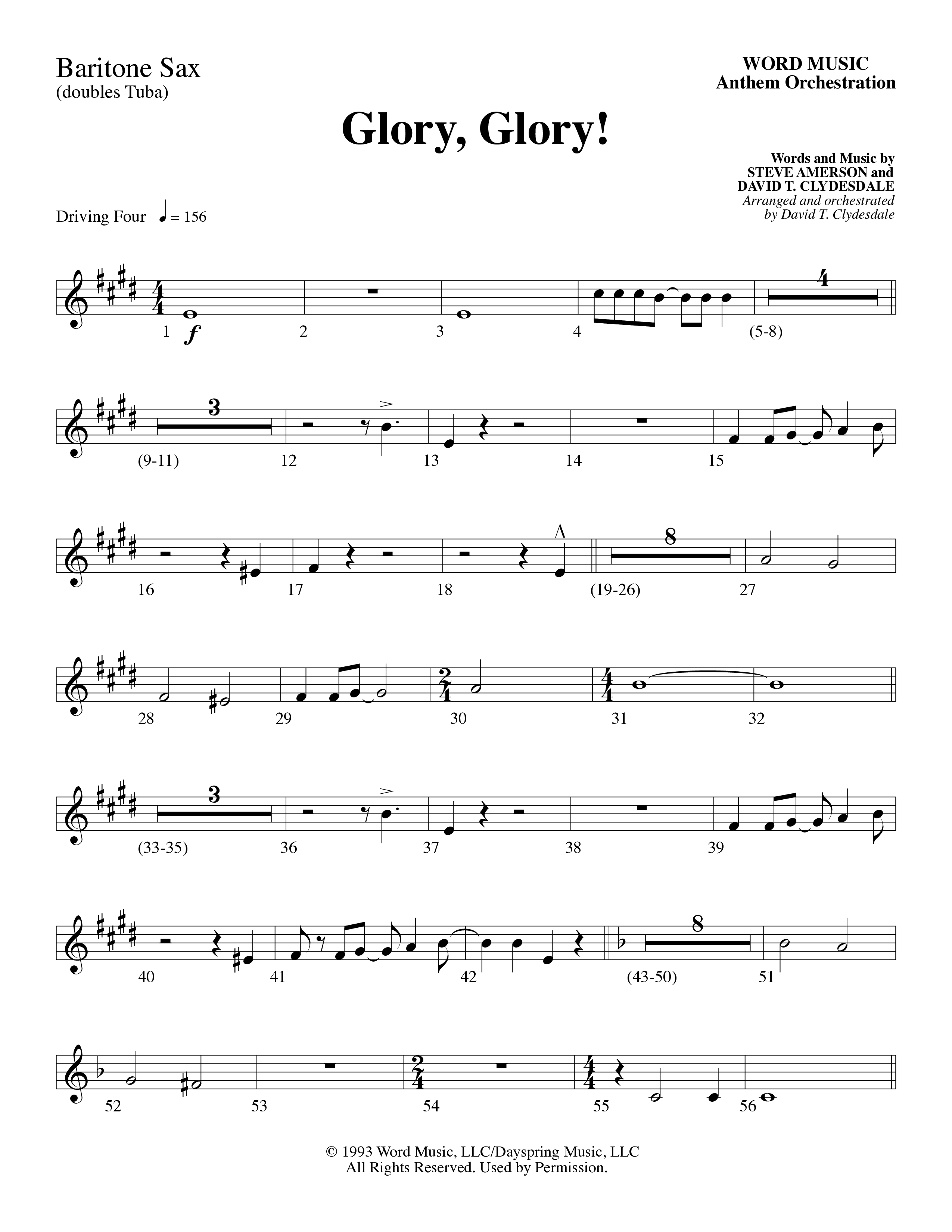 Glory Glory (Choral Anthem SATB) Bari Sax (Word Music Choral / Arr. David Clydesdale)