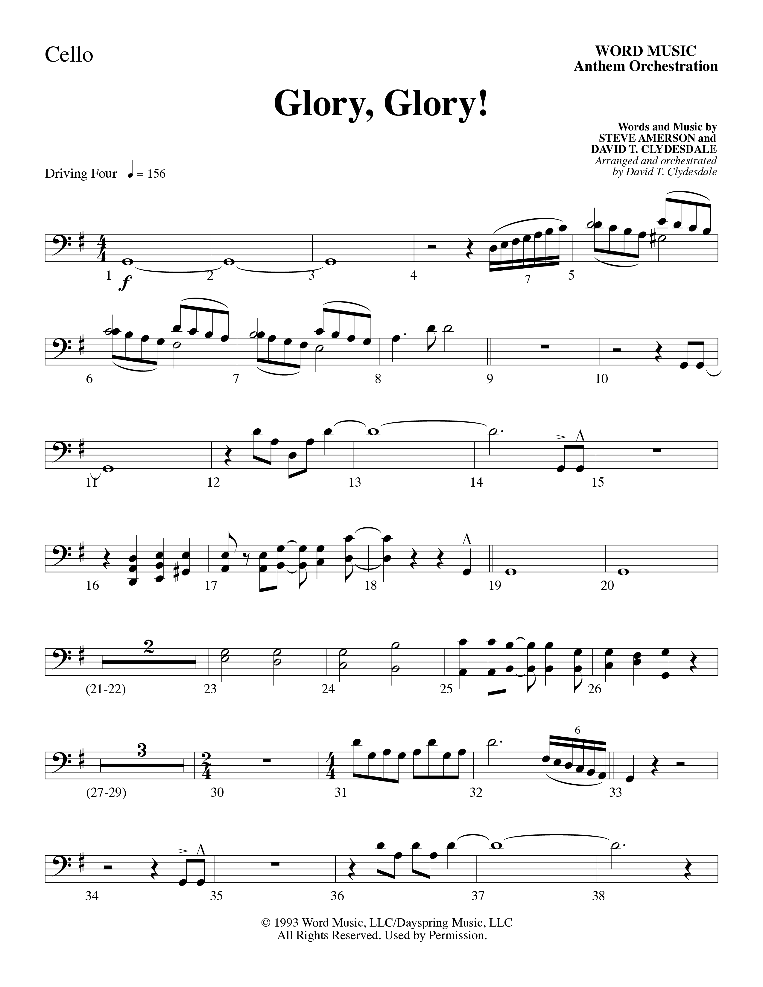 Glory Glory (Choral Anthem SATB) Cello (Word Music Choral / Arr. David Clydesdale)