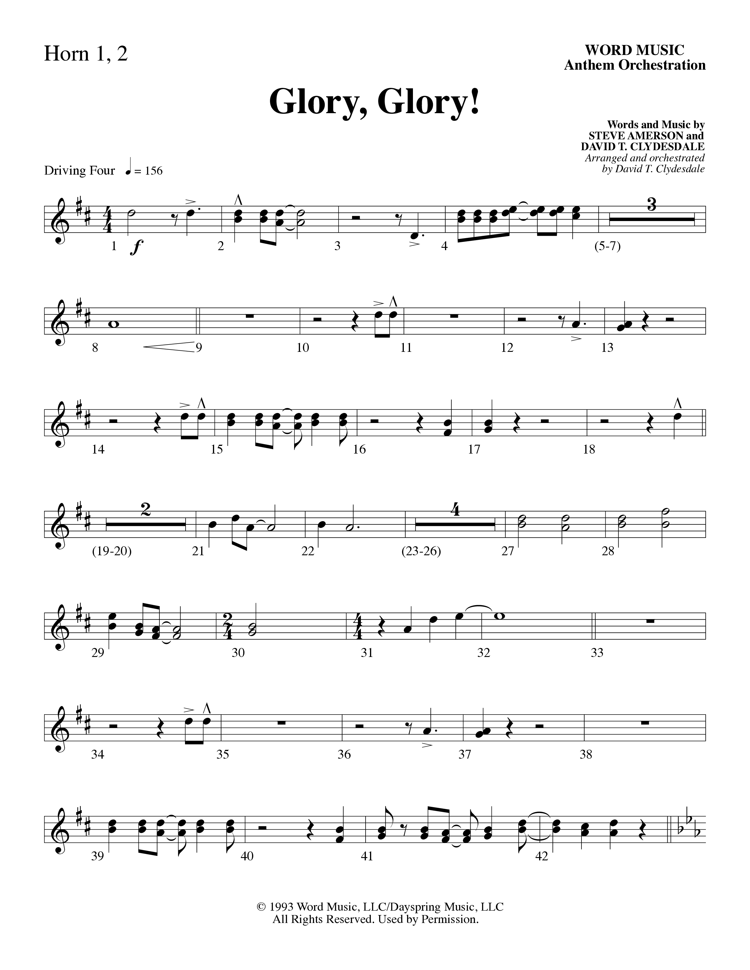 Glory Glory (Choral Anthem SATB) French Horn 1/2 (Word Music Choral / Arr. David Clydesdale)