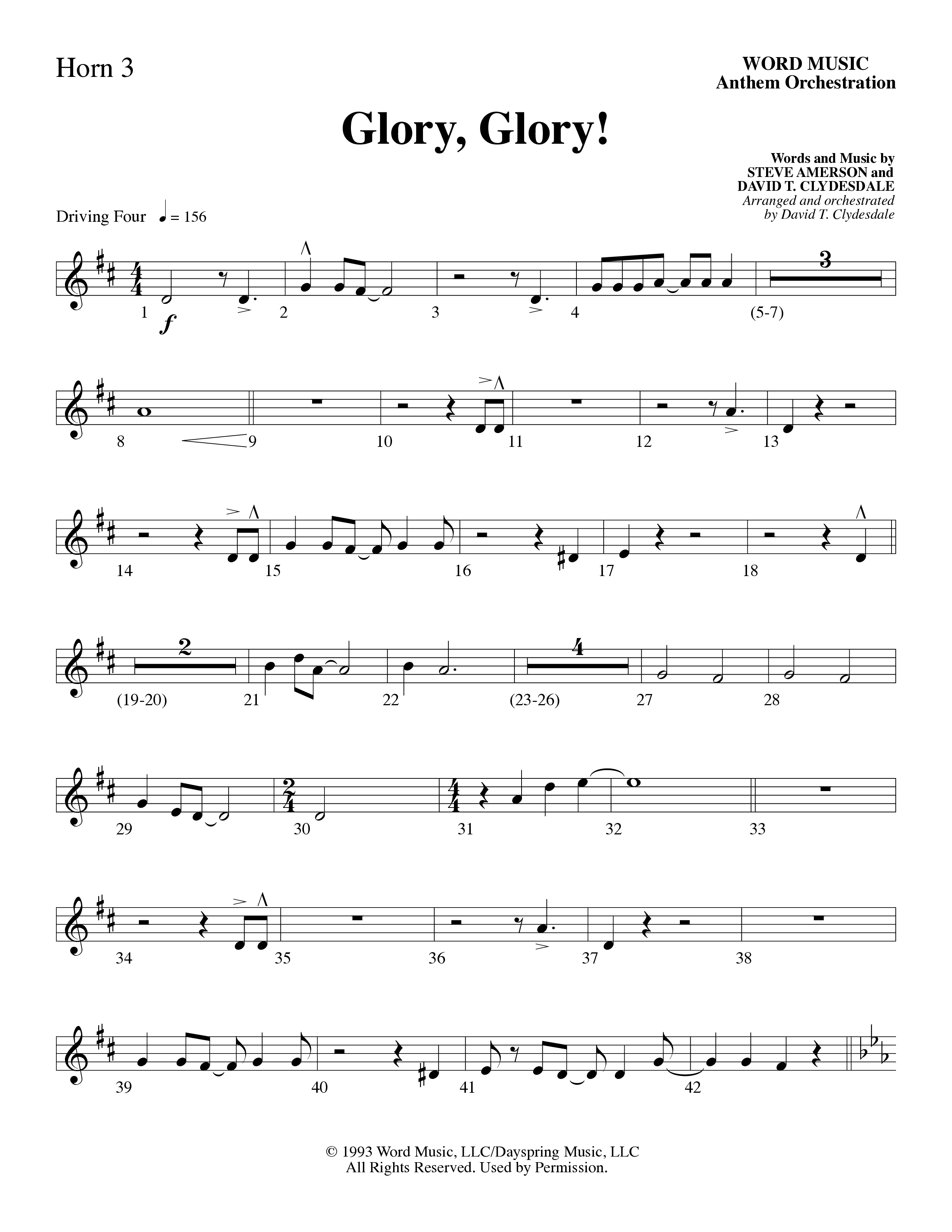 Glory Glory (Choral Anthem SATB) French Horn 3 (Word Music Choral / Arr. David Clydesdale)