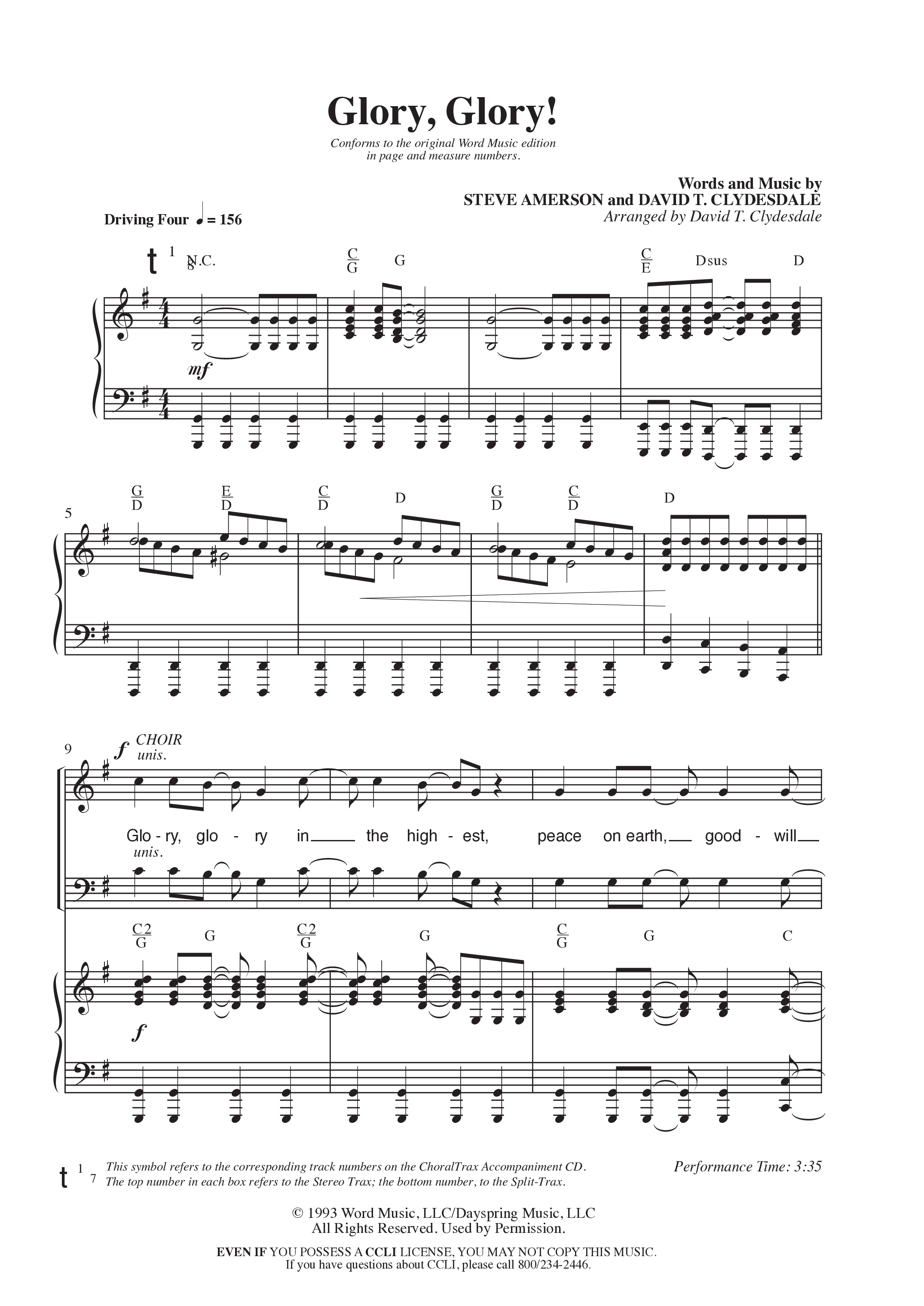 Glory Glory (Choral Anthem SATB) Anthem (SATB/Piano) (Word Music Choral / Arr. David Clydesdale)