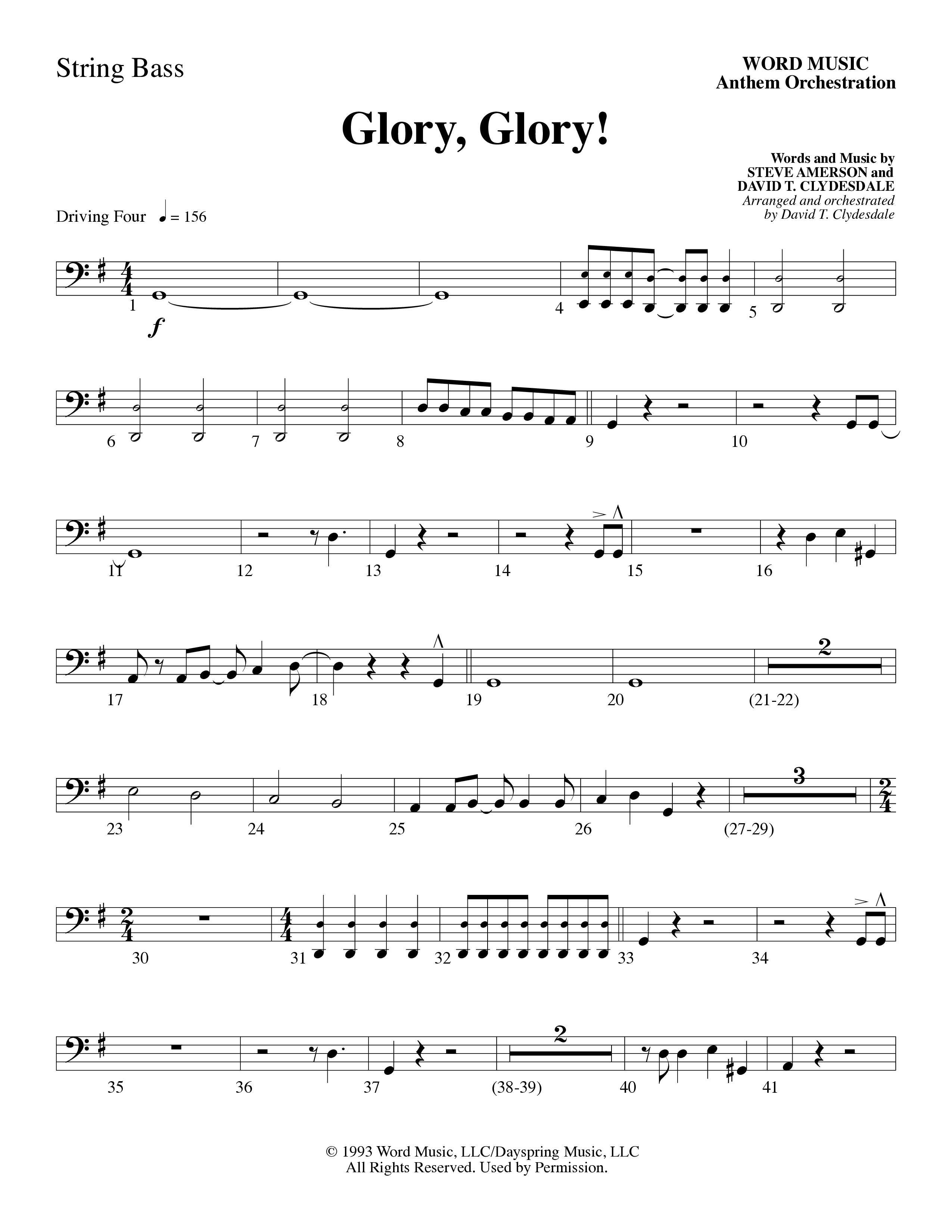 Glory Glory (Choral Anthem SATB) String Bass (Word Music Choral / Arr. David Clydesdale)