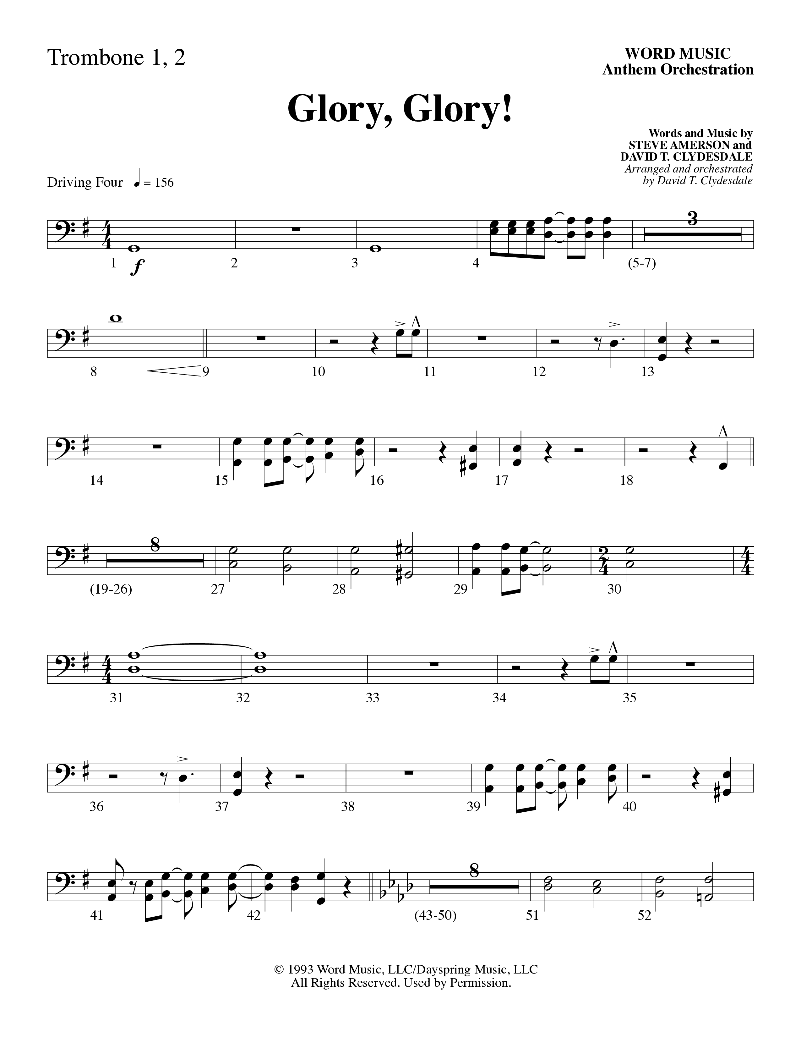 Glory Glory (Choral Anthem SATB) Trombone 1/2 (Word Music Choral / Arr. David Clydesdale)