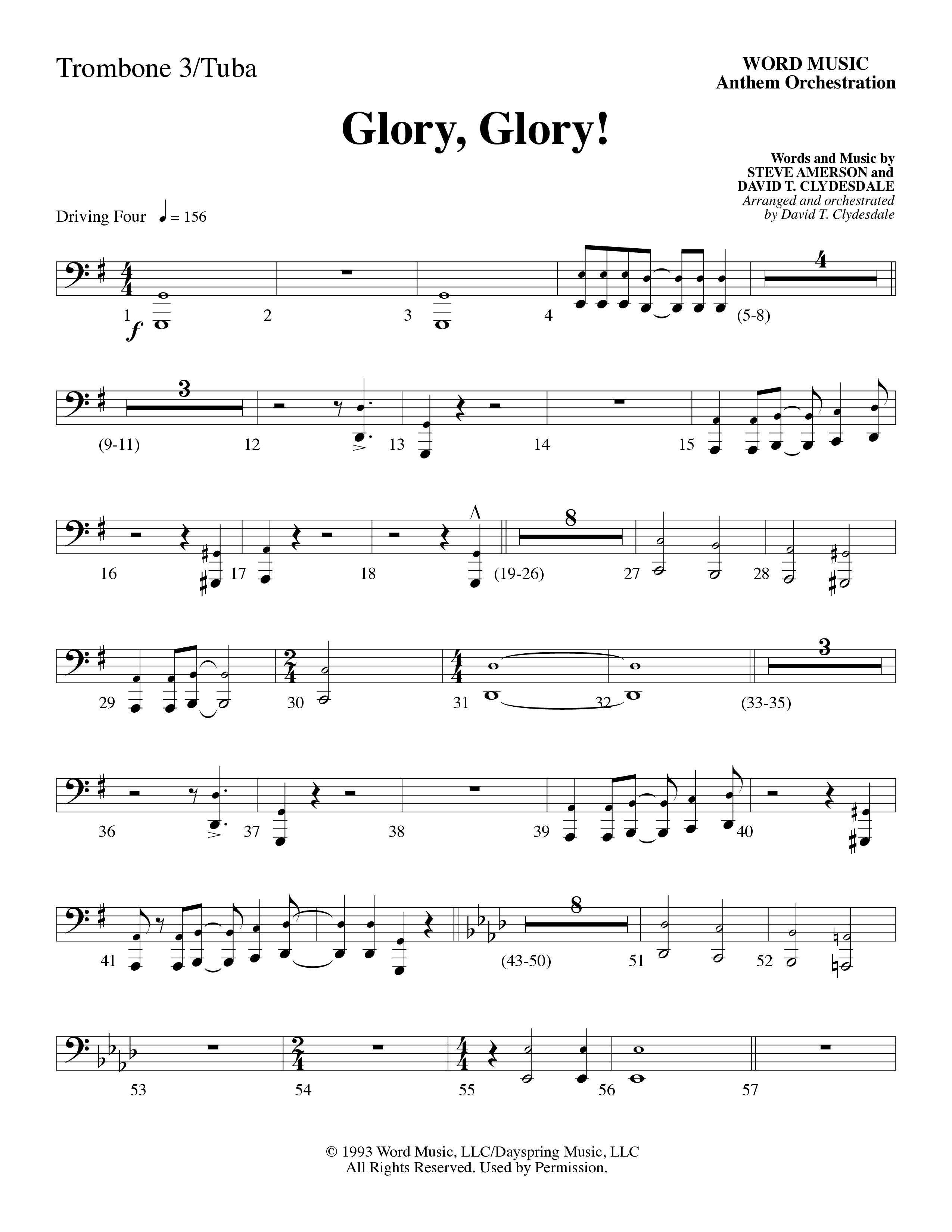 Glory Glory (Choral Anthem SATB) Trombone 3/Tuba (Word Music Choral / Arr. David Clydesdale)