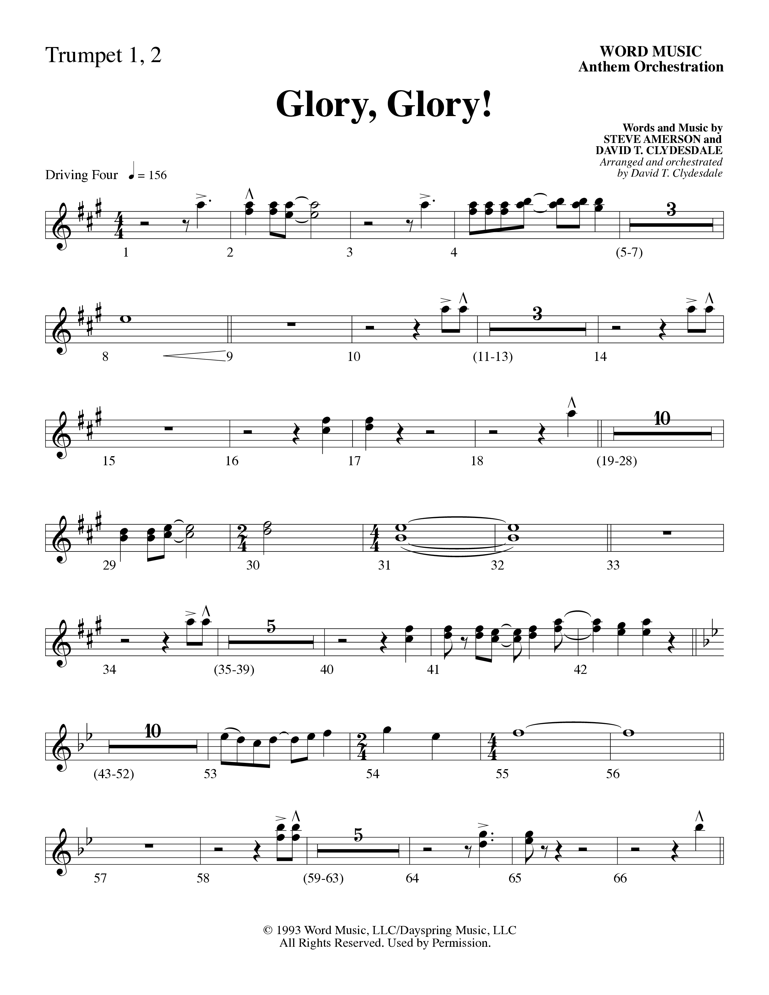 Glory Glory (Choral Anthem SATB) Trumpet 1,2 (Word Music Choral / Arr. David Clydesdale)