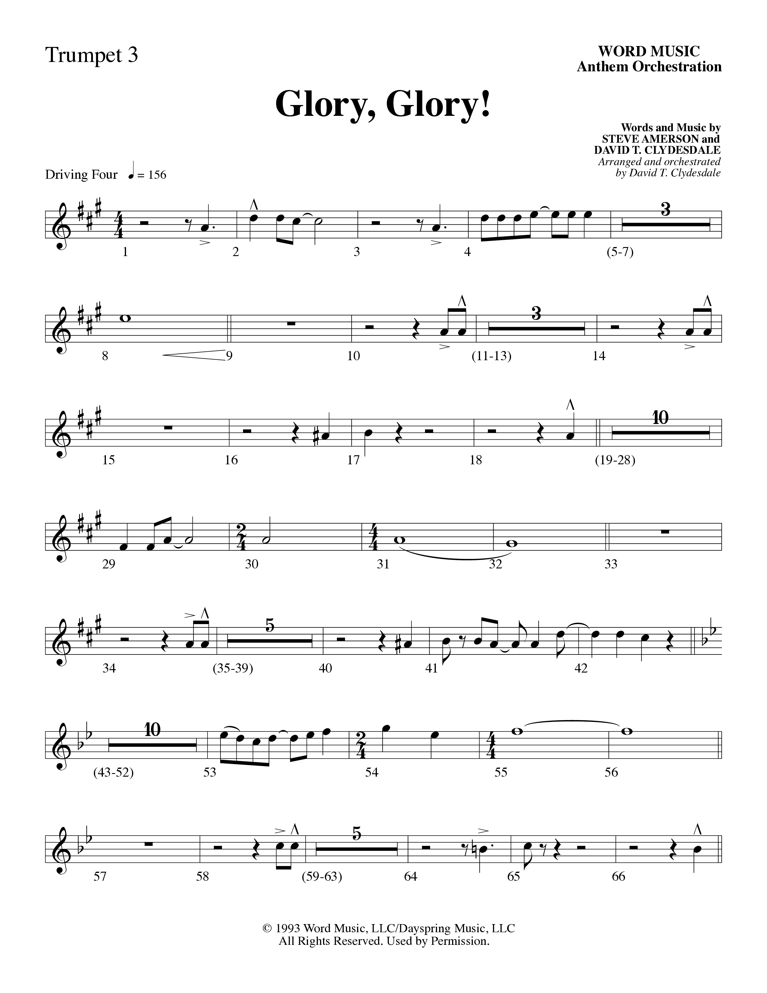 Glory Glory (Choral Anthem SATB) Trumpet 3 (Word Music Choral / Arr. David Clydesdale)