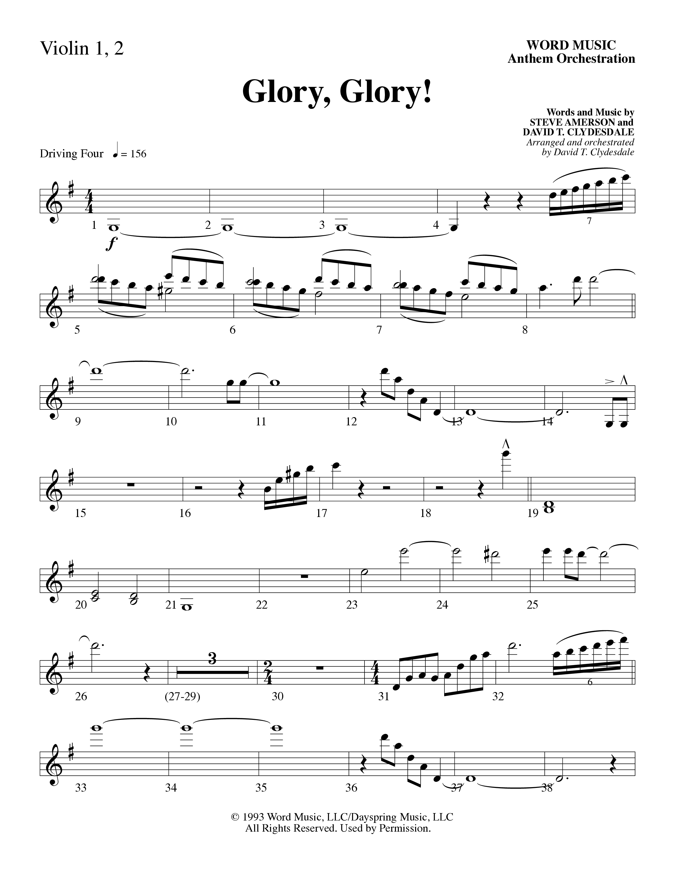 Glory Glory (Choral Anthem SATB) Violin 1/2 (Word Music Choral / Arr. David Clydesdale)