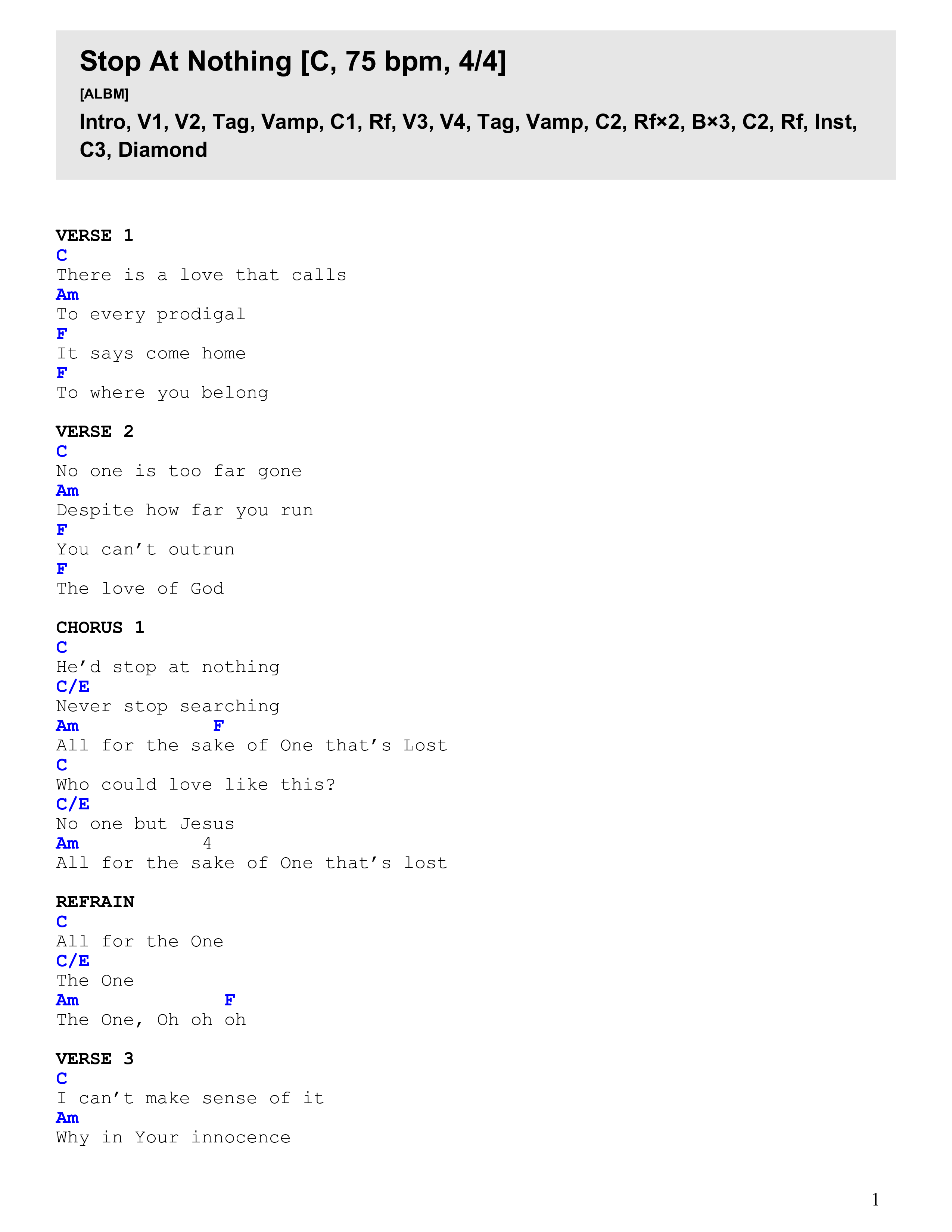 All For The One (Stop At Nothing) (Live) Chord Chart (MVMNT Music)