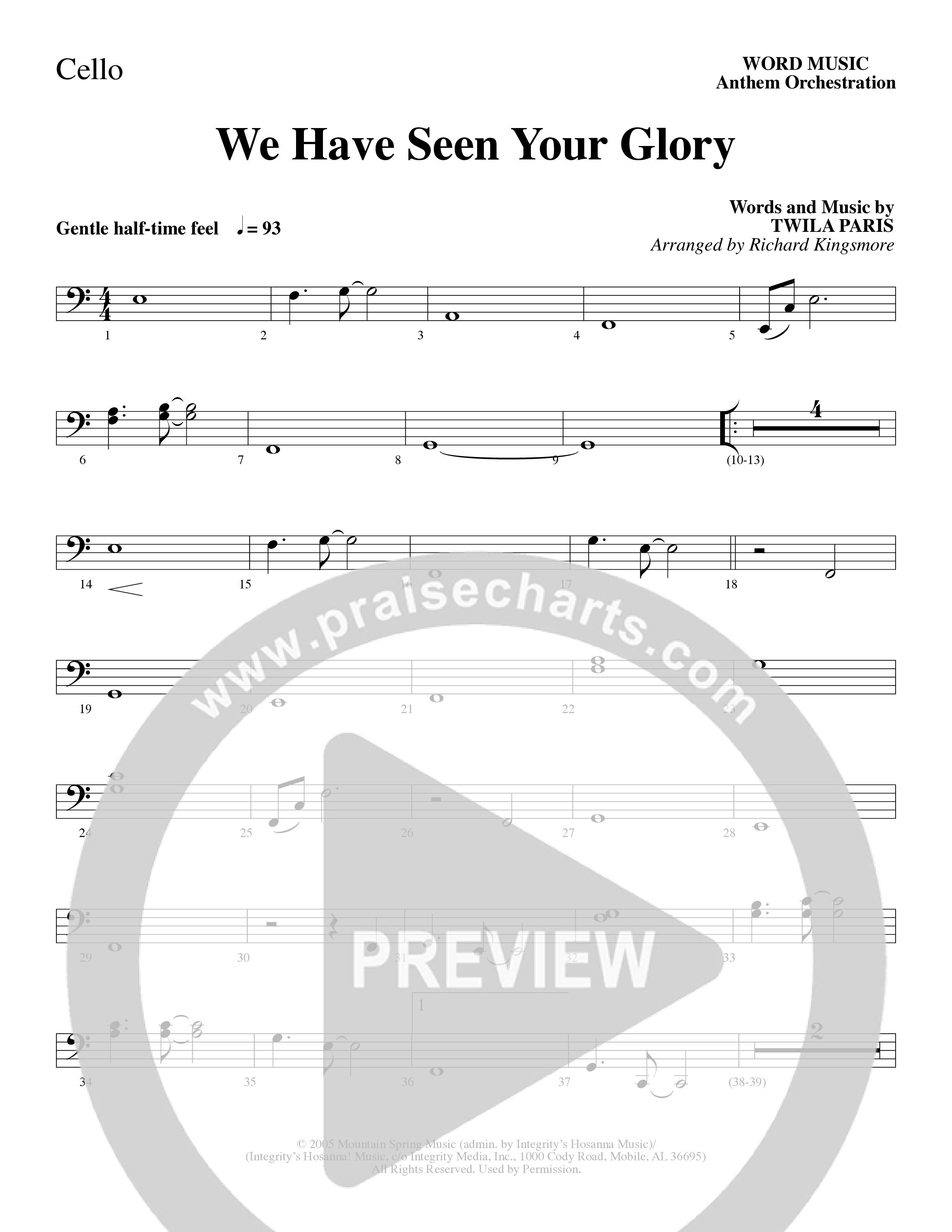 We Have Seen Your Glory (Choral Anthem SATB) Cello (Word Music Choral / Arr. Richard Kingsmore)