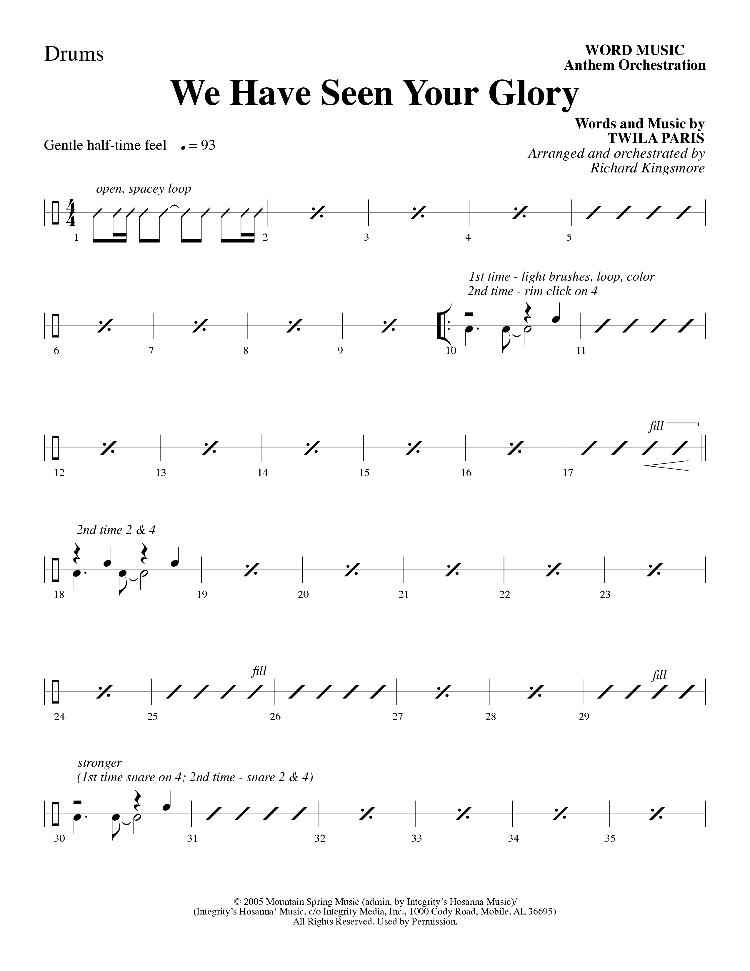 We Have Seen Your Glory (Choral Anthem SATB) Drum Set (Word Music Choral / Arr. Richard Kingsmore)