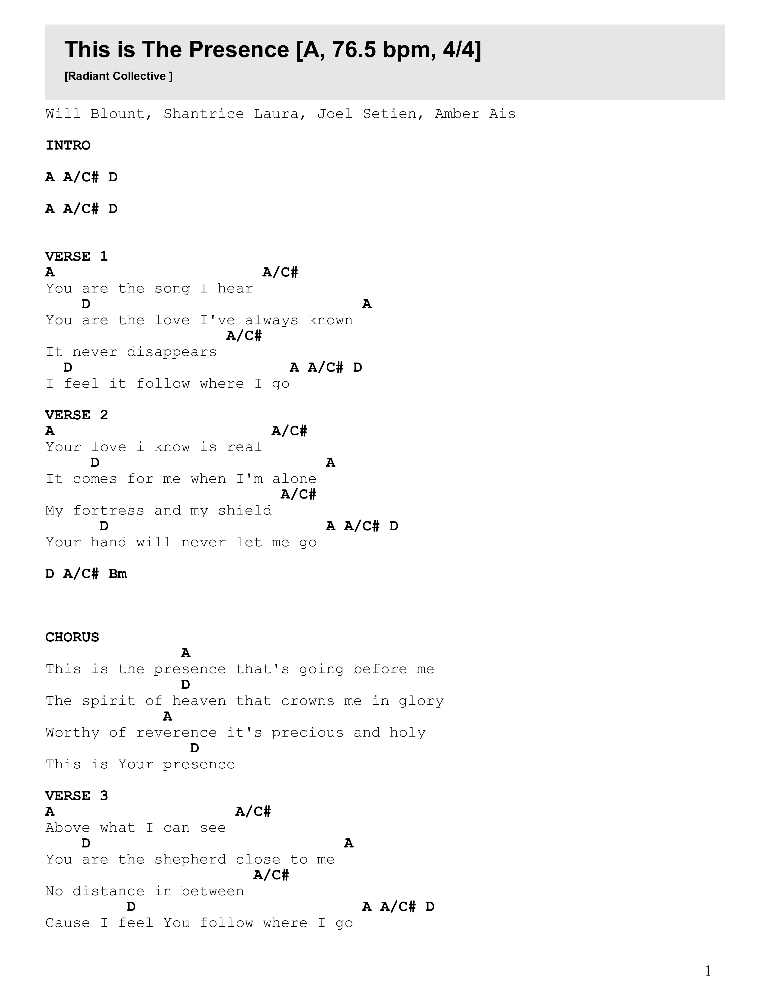 This Is The Presence Chord Chart (Radiant Collective)