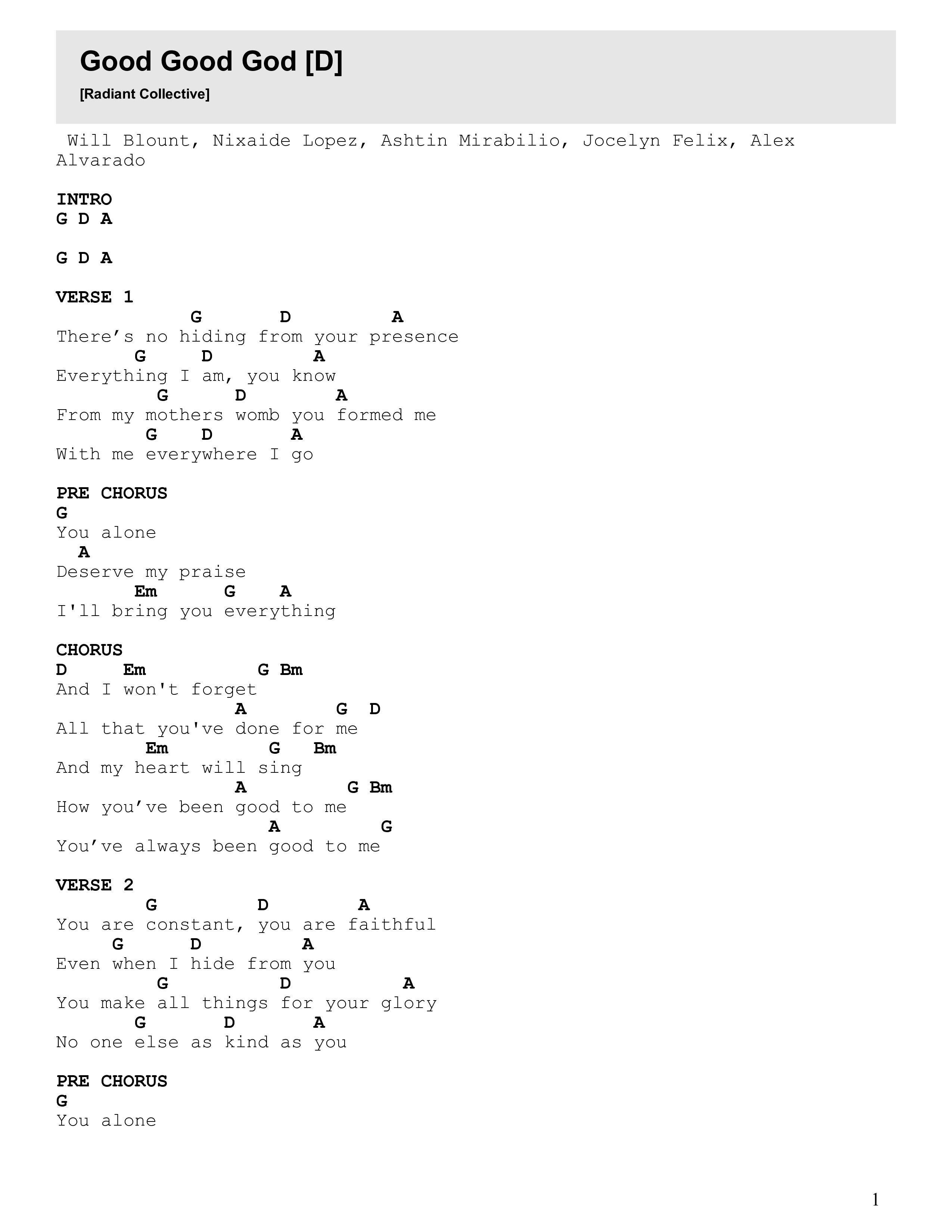 Good Good God Chord Chart (Radiant Collective)