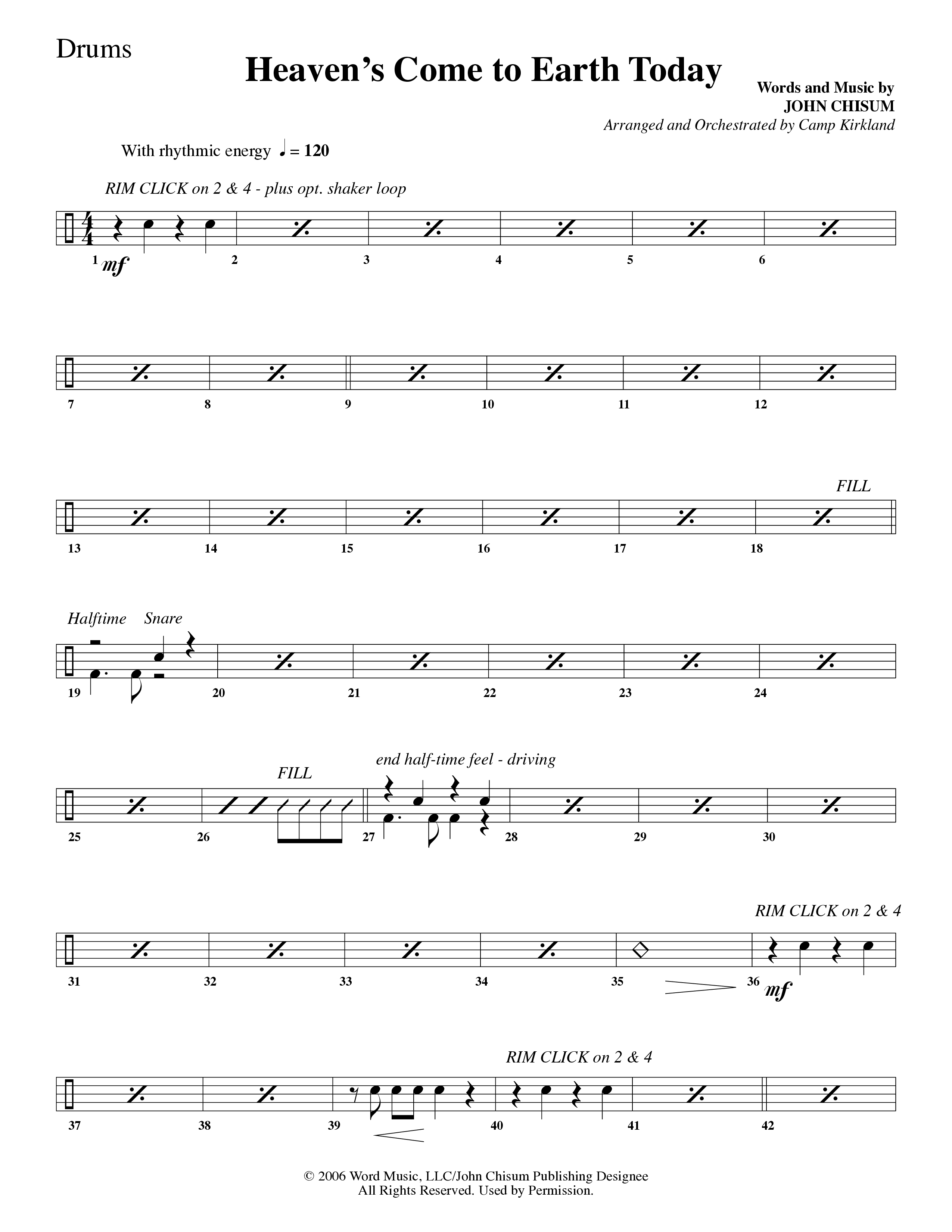 Heaven's Come To Earth Today (Choral Anthem SATB) Drum Set (Word Music Choral / Arr. Camp Kirkland)