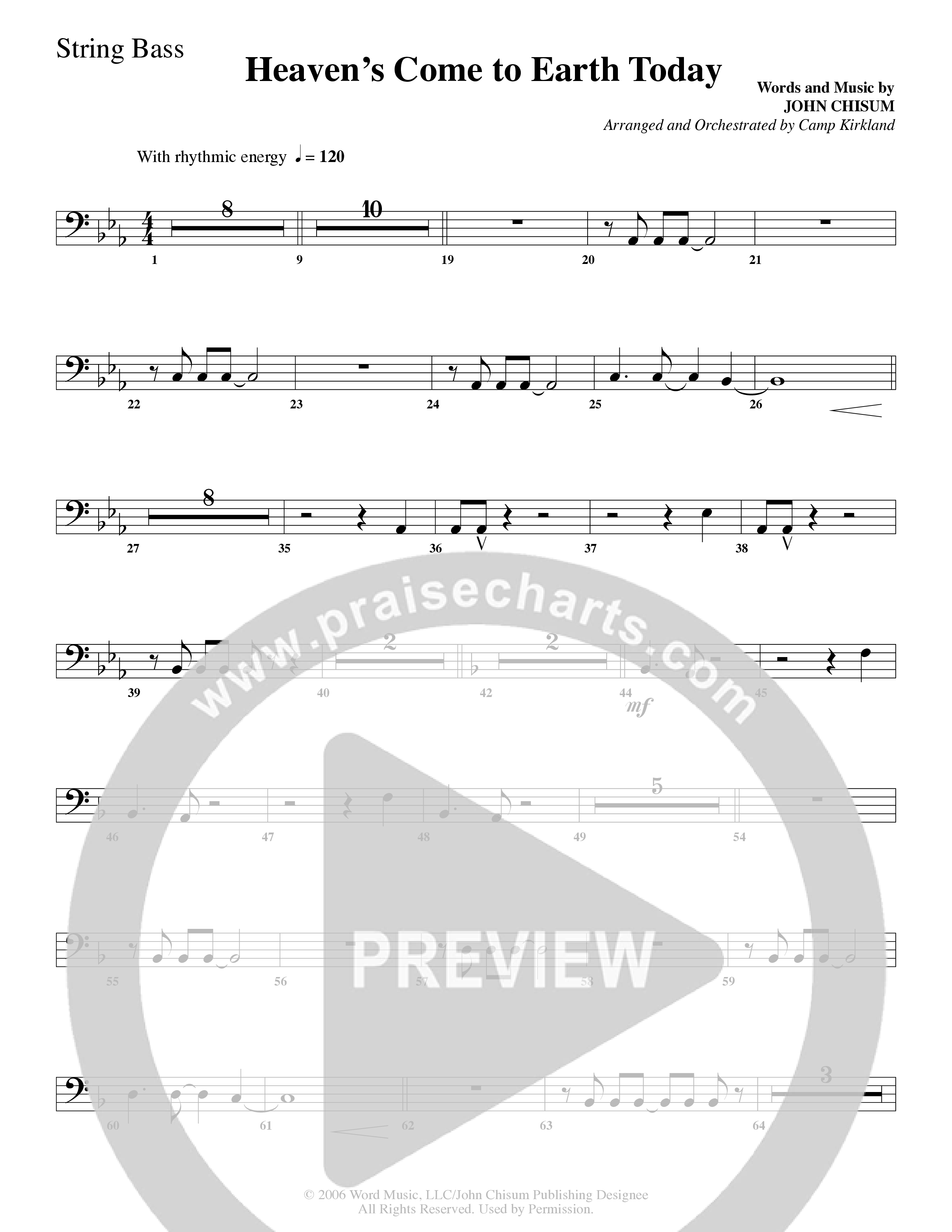 Heaven's Come To Earth Today (Choral Anthem SATB) String Bass (Word Music Choral / Arr. Camp Kirkland)