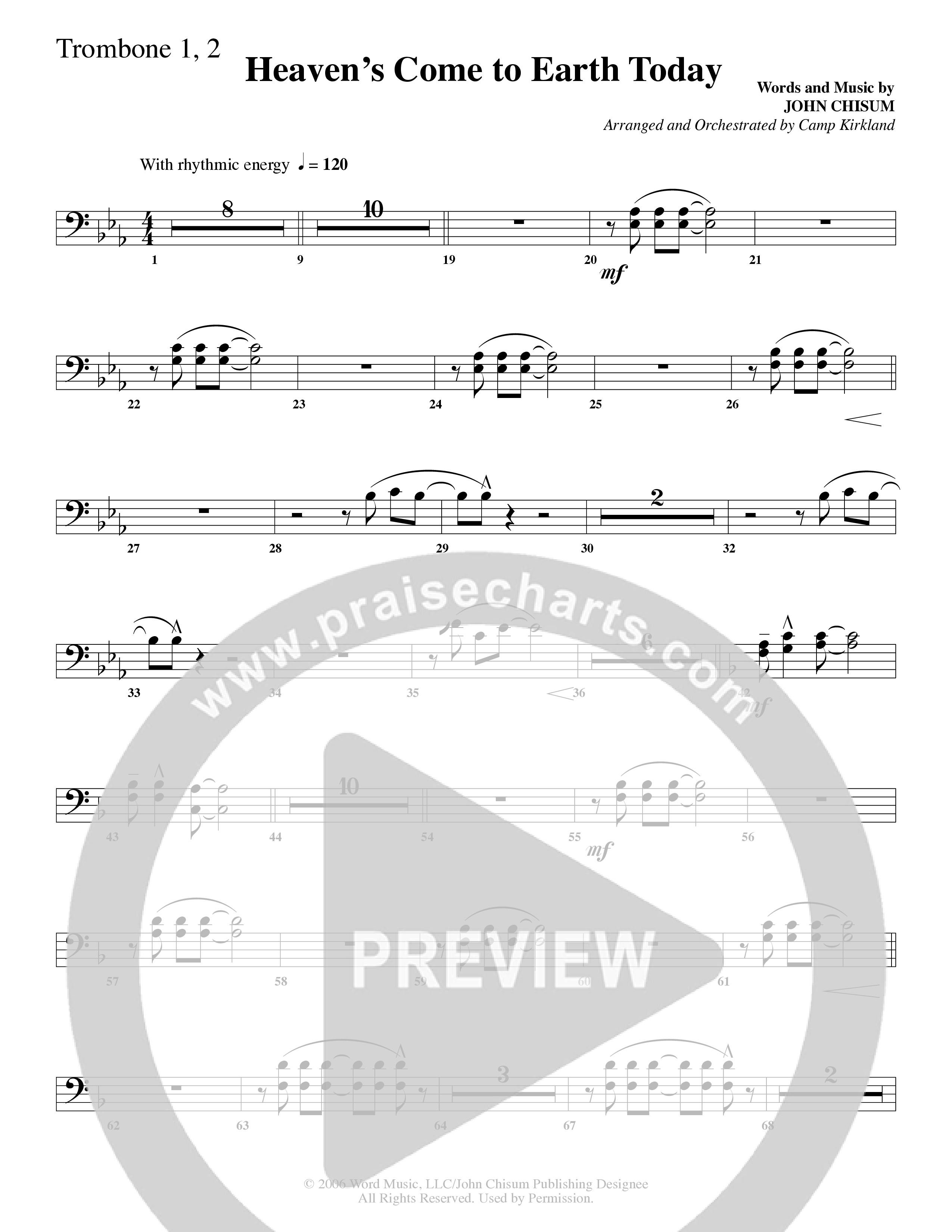 Heaven's Come To Earth Today (Choral Anthem SATB) Trombone 1/2 (Word Music Choral / Arr. Camp Kirkland)