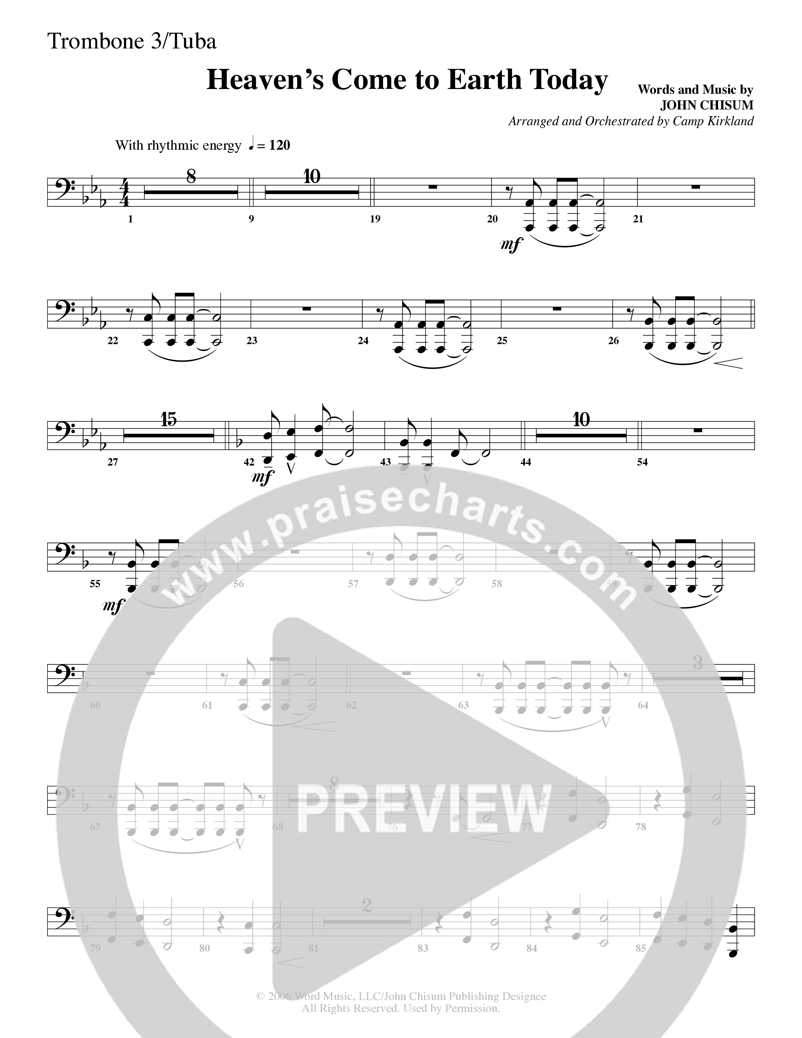 Heaven's Come To Earth Today (Choral Anthem SATB) Trombone 3/Tuba (Word Music Choral / Arr. Camp Kirkland)