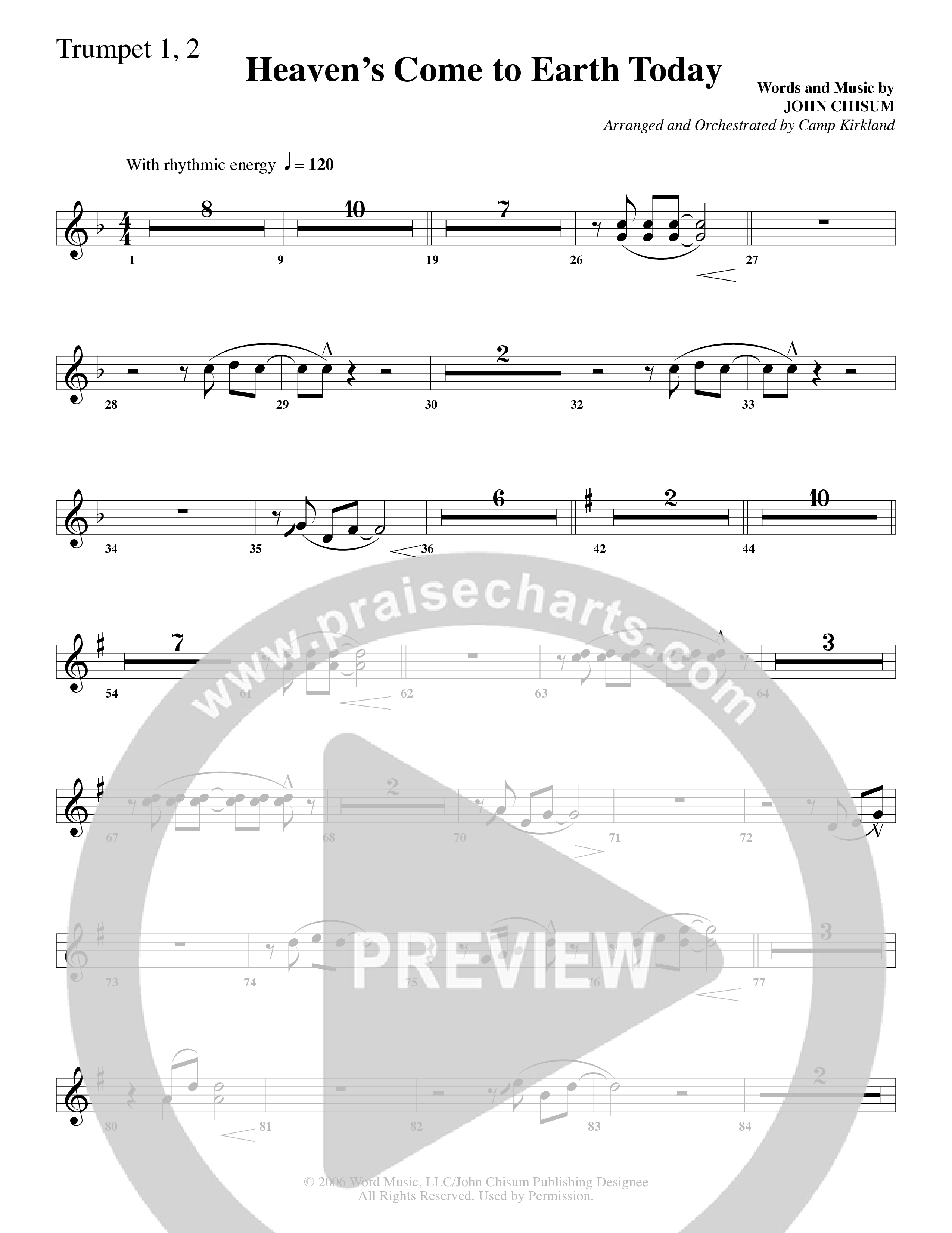 Heaven's Come To Earth Today (Choral Anthem SATB) Trumpet 1,2 (Word Music Choral / Arr. Camp Kirkland)
