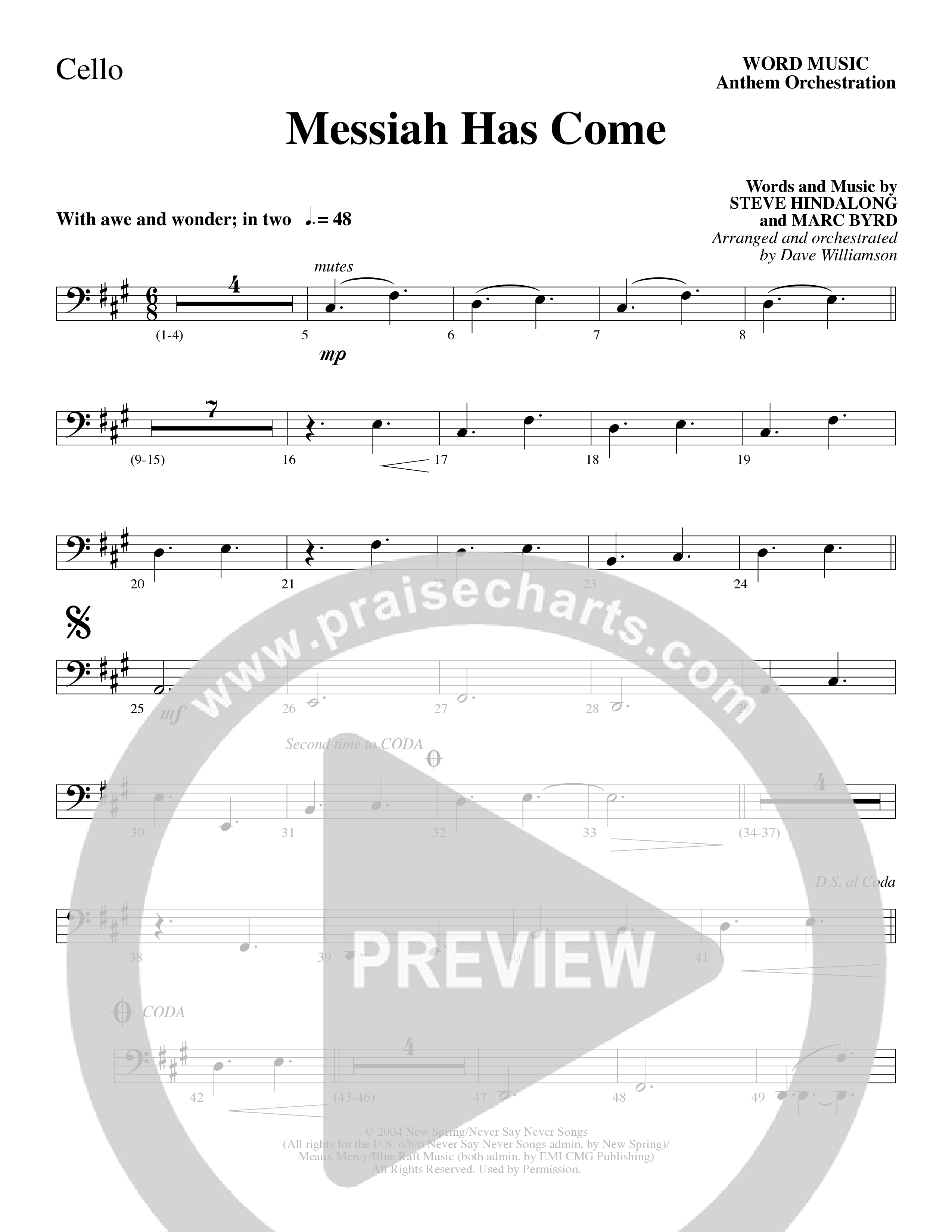 Messiah Has Come (Choral Anthem SATB) Cello (Word Music Choral / Arr. Dave Williamson)