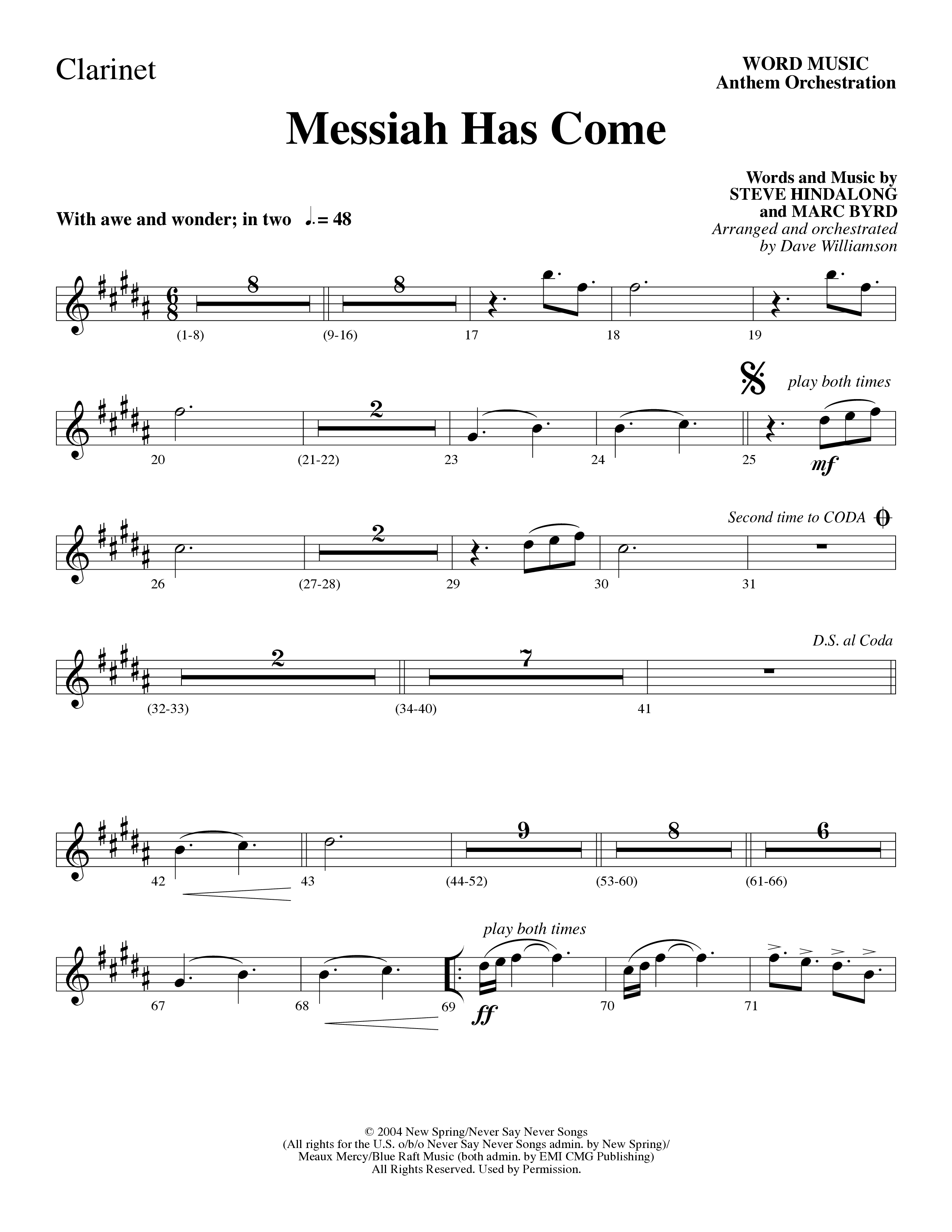 Messiah Has Come (Choral Anthem SATB) Clarinet (Word Music Choral / Arr. Dave Williamson)