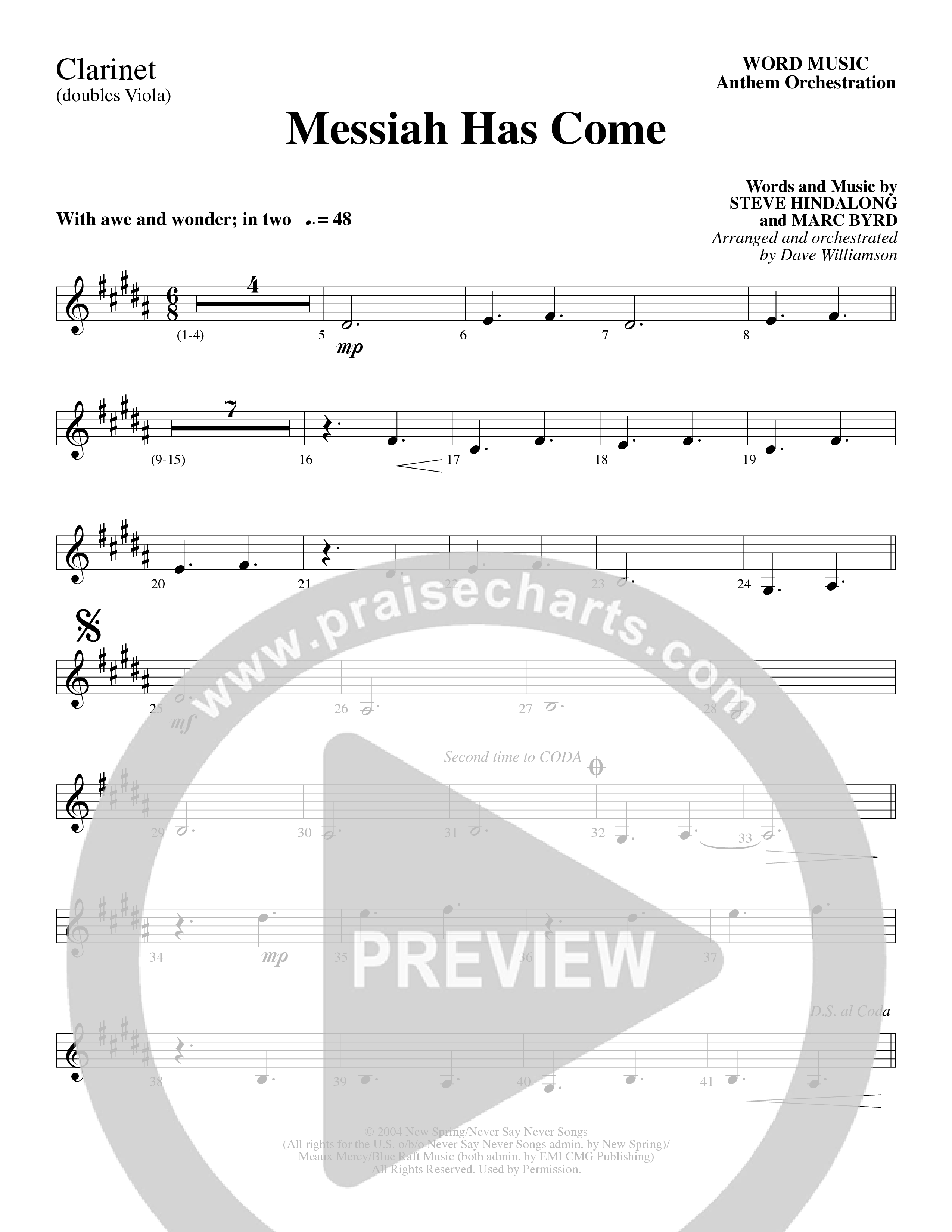 Messiah Has Come (Choral Anthem SATB) Clarinet (Word Music Choral / Arr. Dave Williamson)