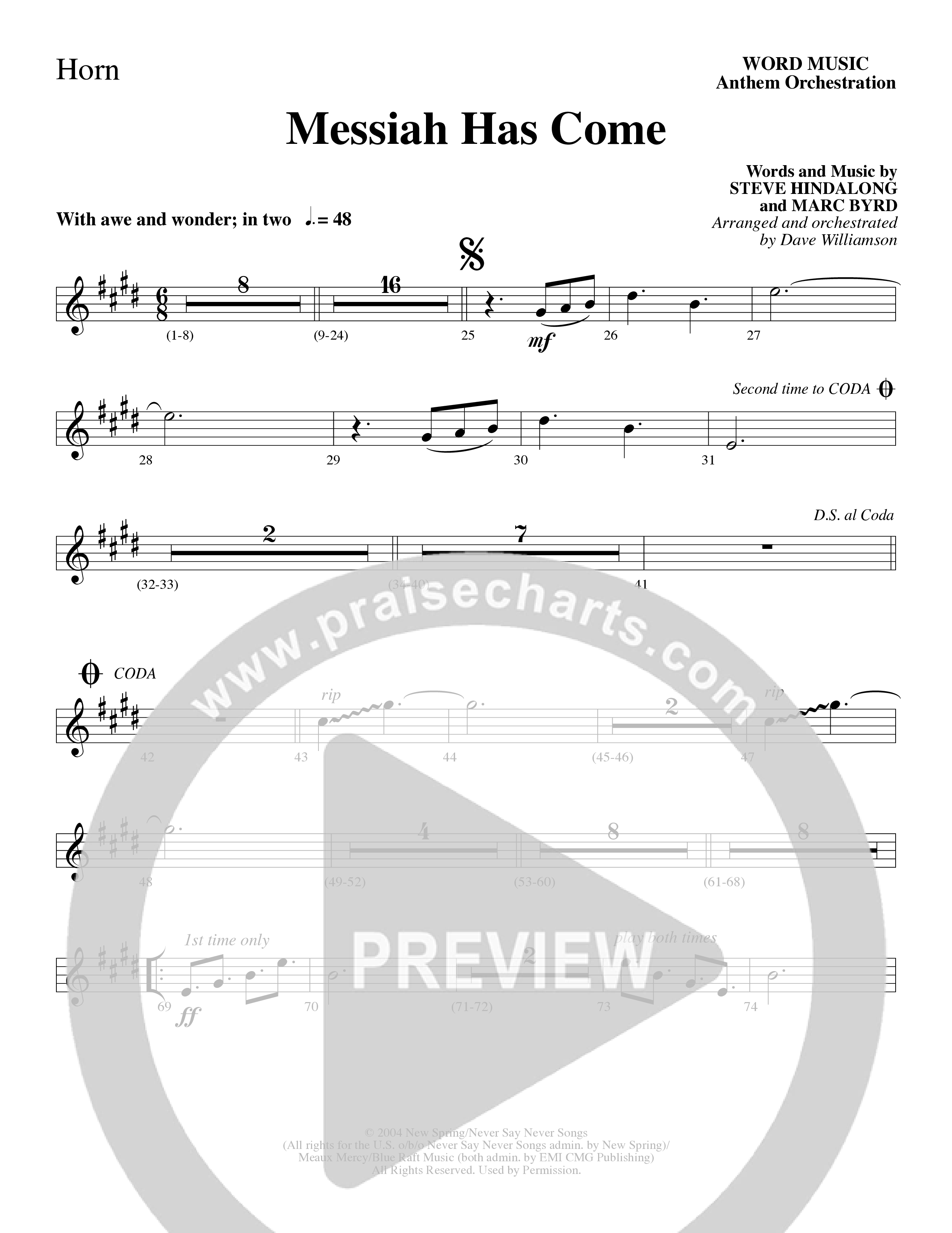 Messiah Has Come (Choral Anthem SATB) French Horn (Word Music Choral / Arr. Dave Williamson)