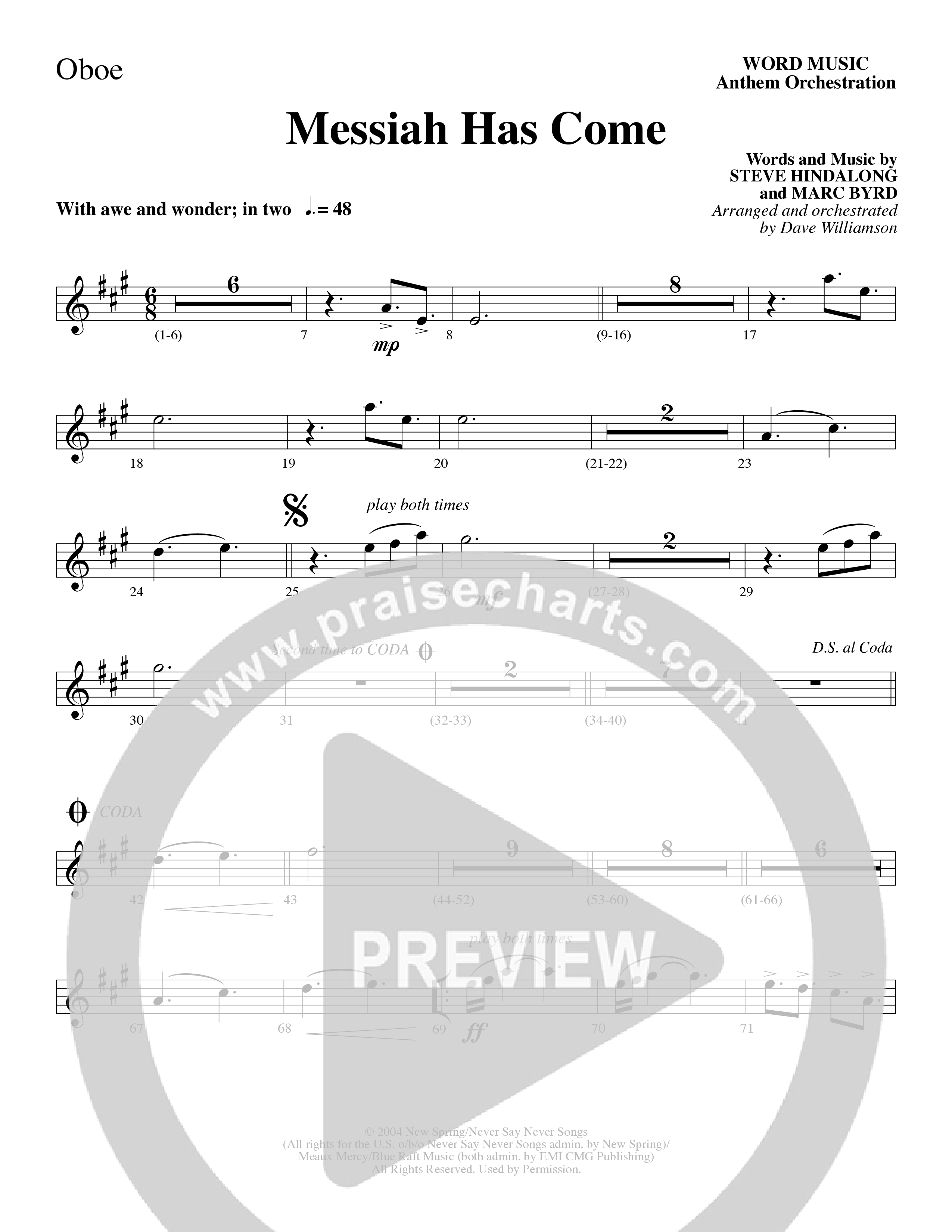 Messiah Has Come (Choral Anthem SATB) Oboe (Word Music Choral / Arr. Dave Williamson)
