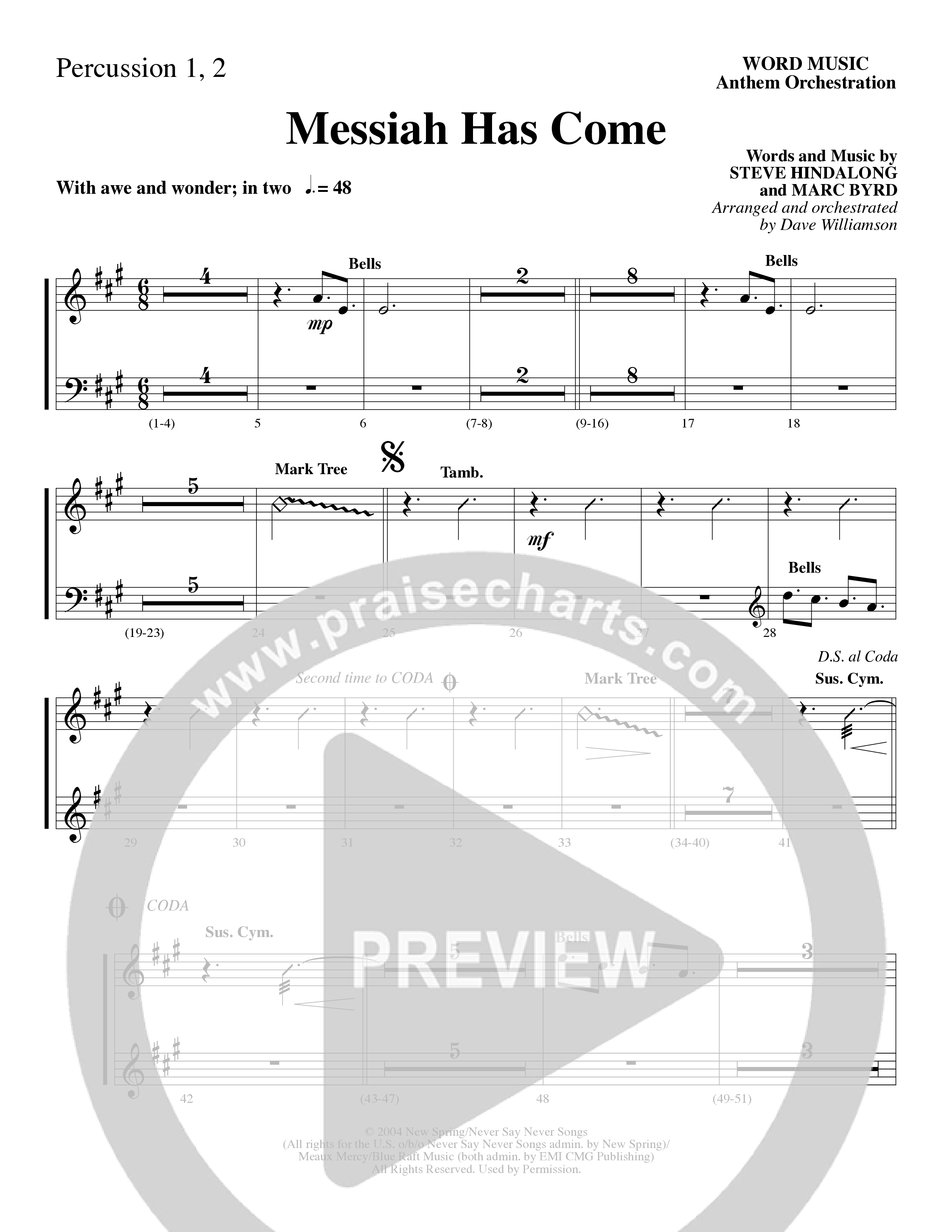 Messiah Has Come (Choral Anthem SATB) Percussion 1/2 (Word Music Choral / Arr. Dave Williamson)