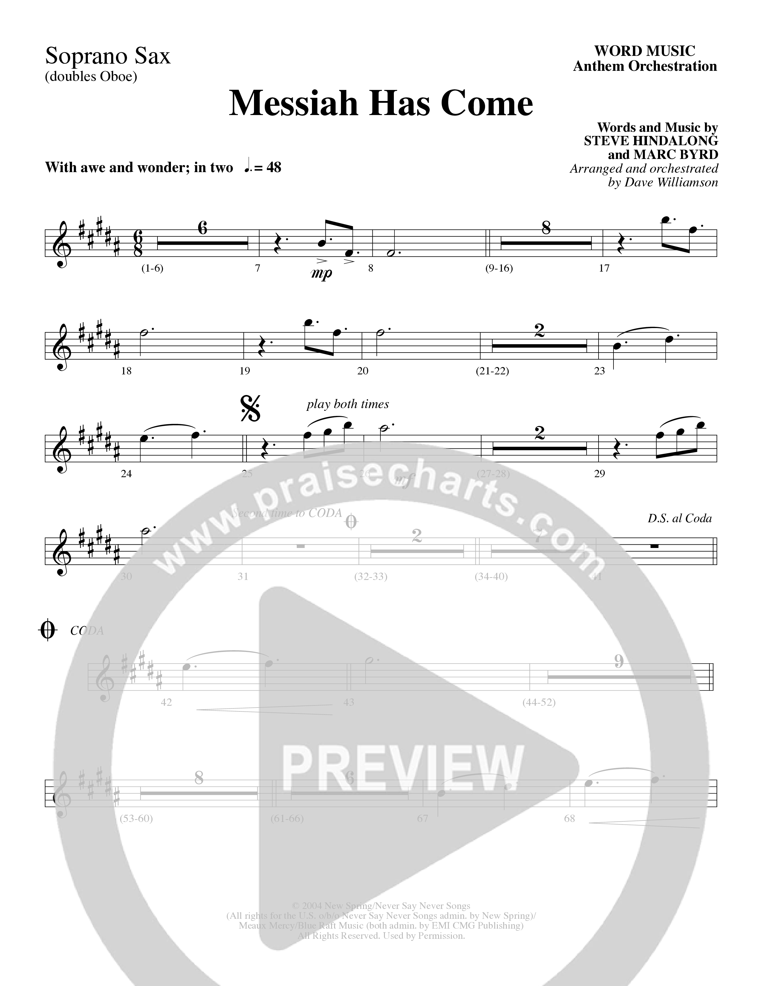 Messiah Has Come (Choral Anthem SATB) Soprano Sax (Word Music Choral / Arr. Dave Williamson)